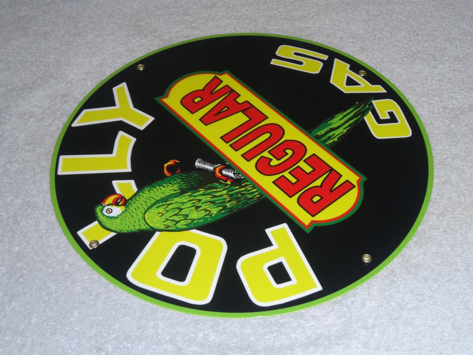 VINTAGE POLLY REGULAR GAS PARROT 🦜 11 3/4″ PORCELAIN METAL GASOLINE & OIL SIGN