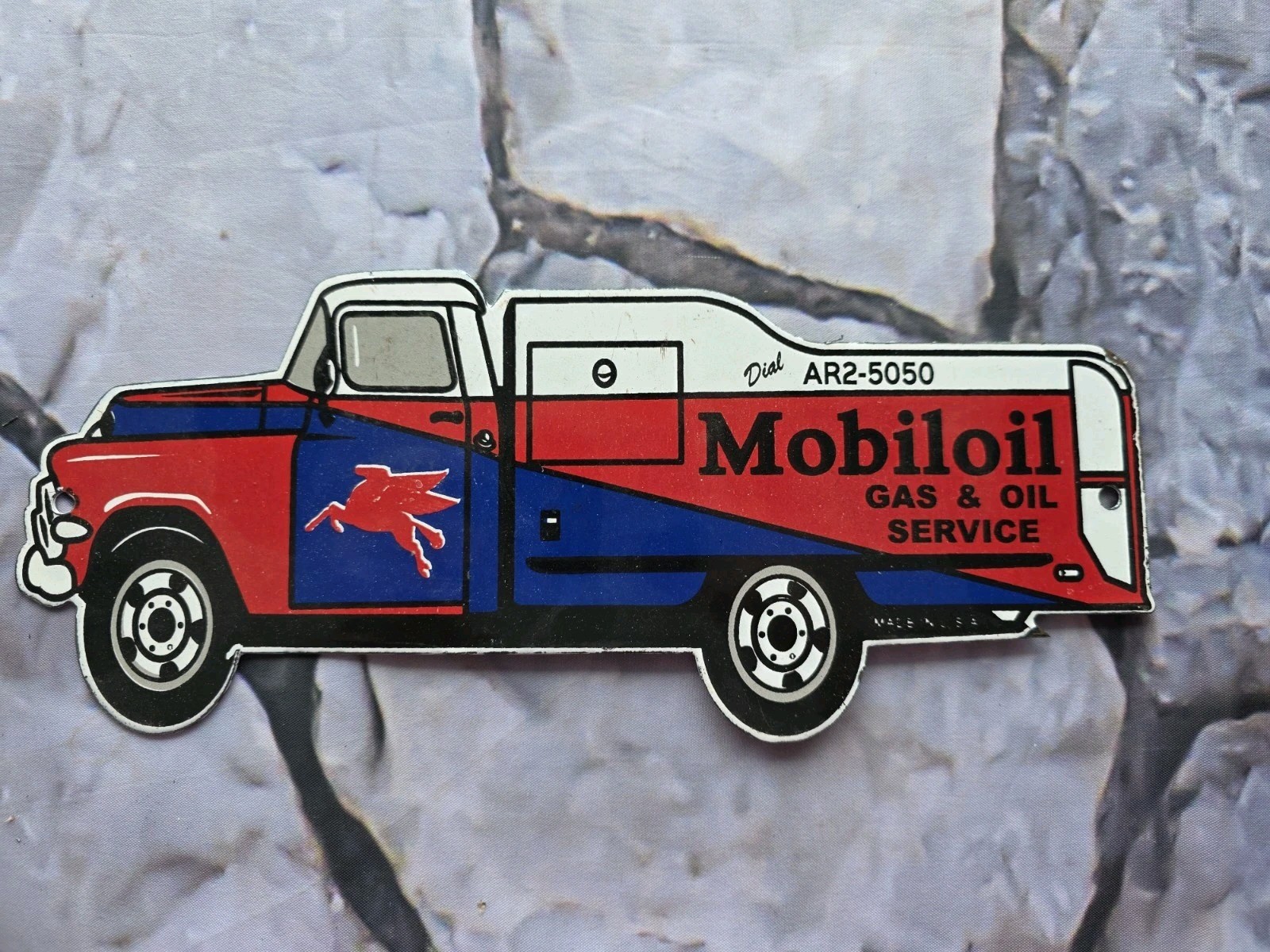 VINTAGE MOBILGAS AND OIL SERVICE TANKER PORCELAIN SIGN 12″×5″.