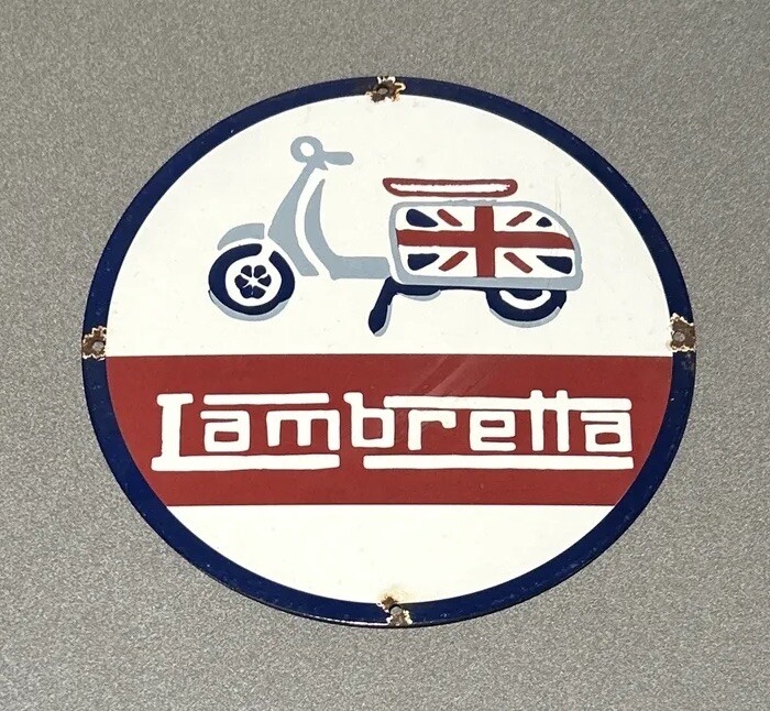VINTAGE 12” LAMBRETTA SCOOTER MOTORCYCLE PORCELAIN SIGN CAR GAS TRUCK GASOLINE