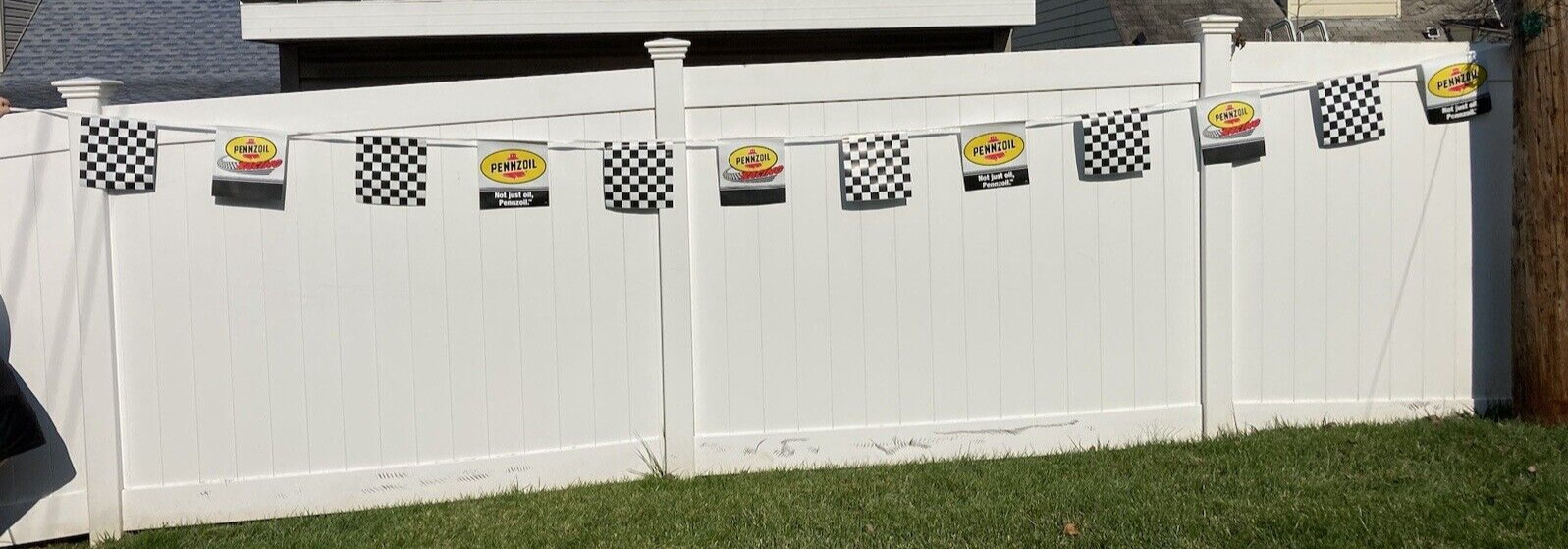 vtg Pennzoil Car Vinyl Gas Station Banner Sign RACING Indy 500 Nascar Advert