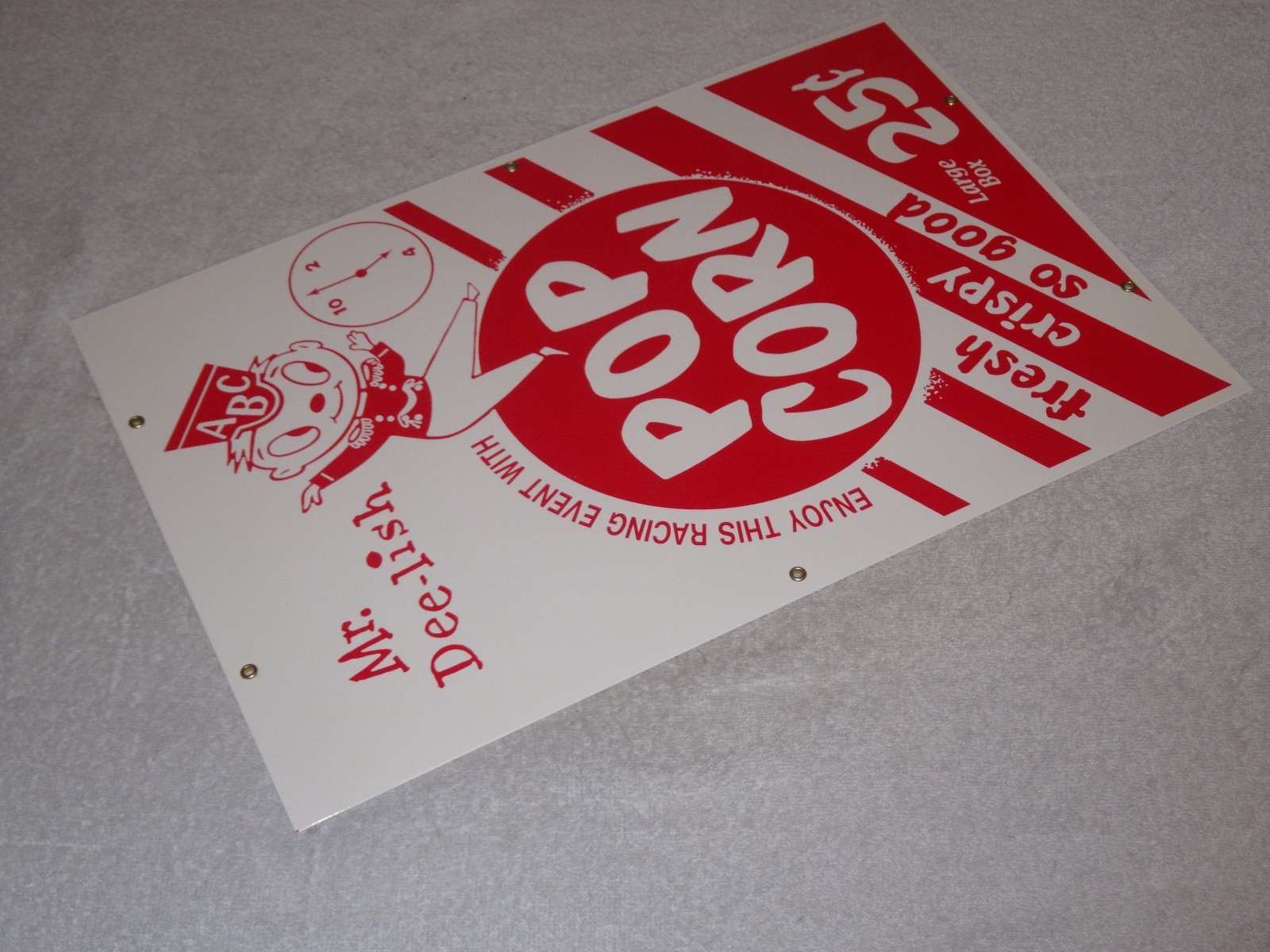 VINTAGE POPCORN 25 CENTS & MR. DEE-LISH 18″ PORCELAIN METAL GASOLINE & OIL SIGN!
