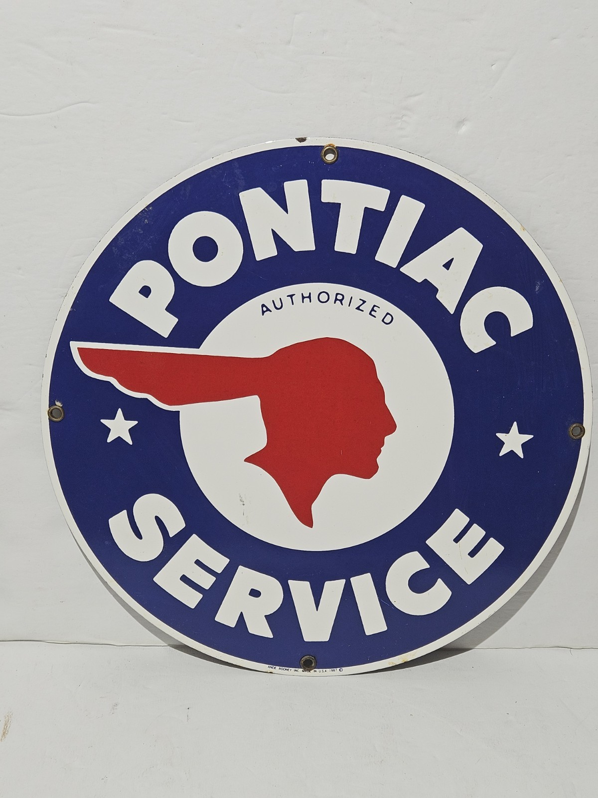 Vintage 80’s Pontiac Authorized Service Ande Rooney Metal Tin Round Sign