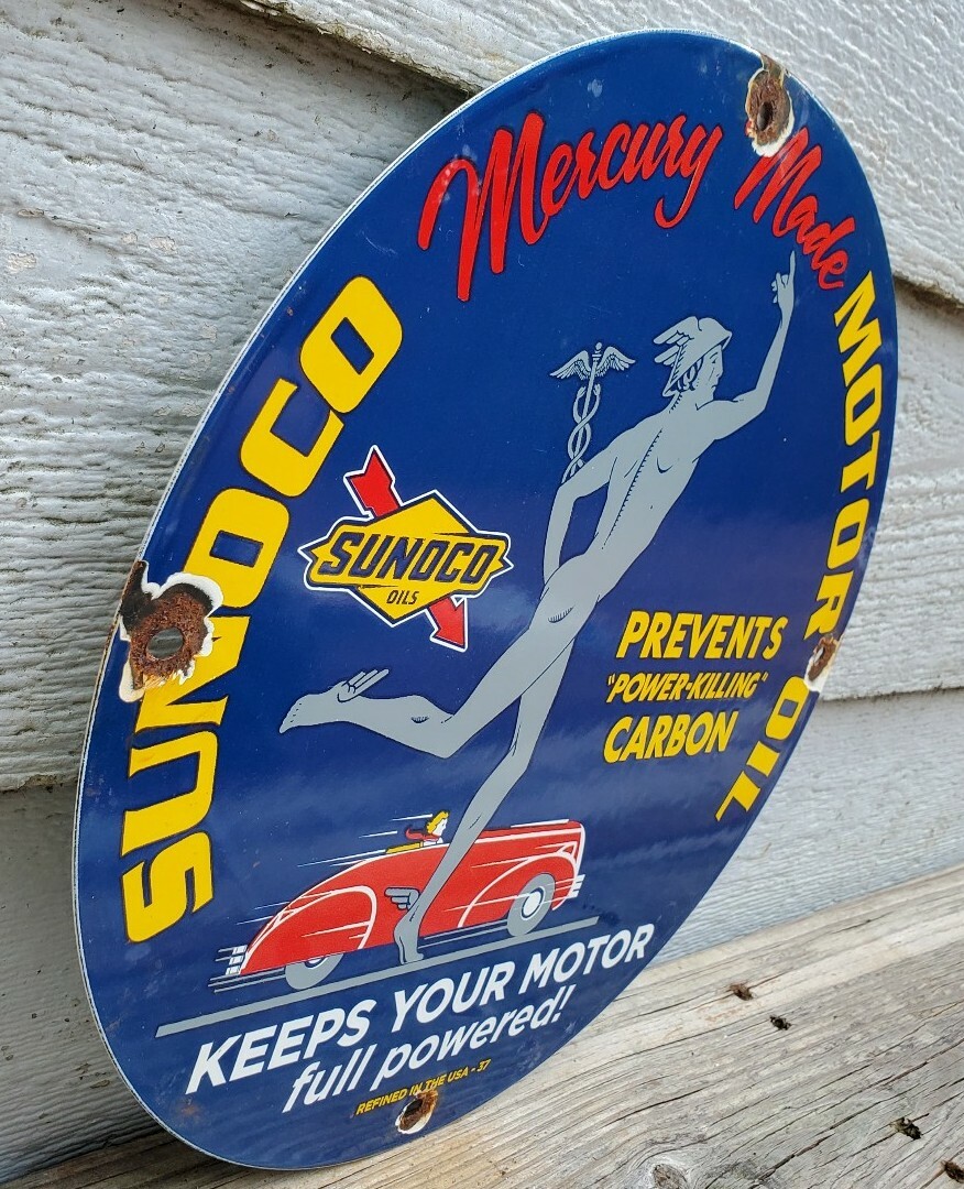 OLD SUNOCO MERCURY MADE MOTOR OIL PORCELAIN ENAMEL GAS PUMP STATION SIGN