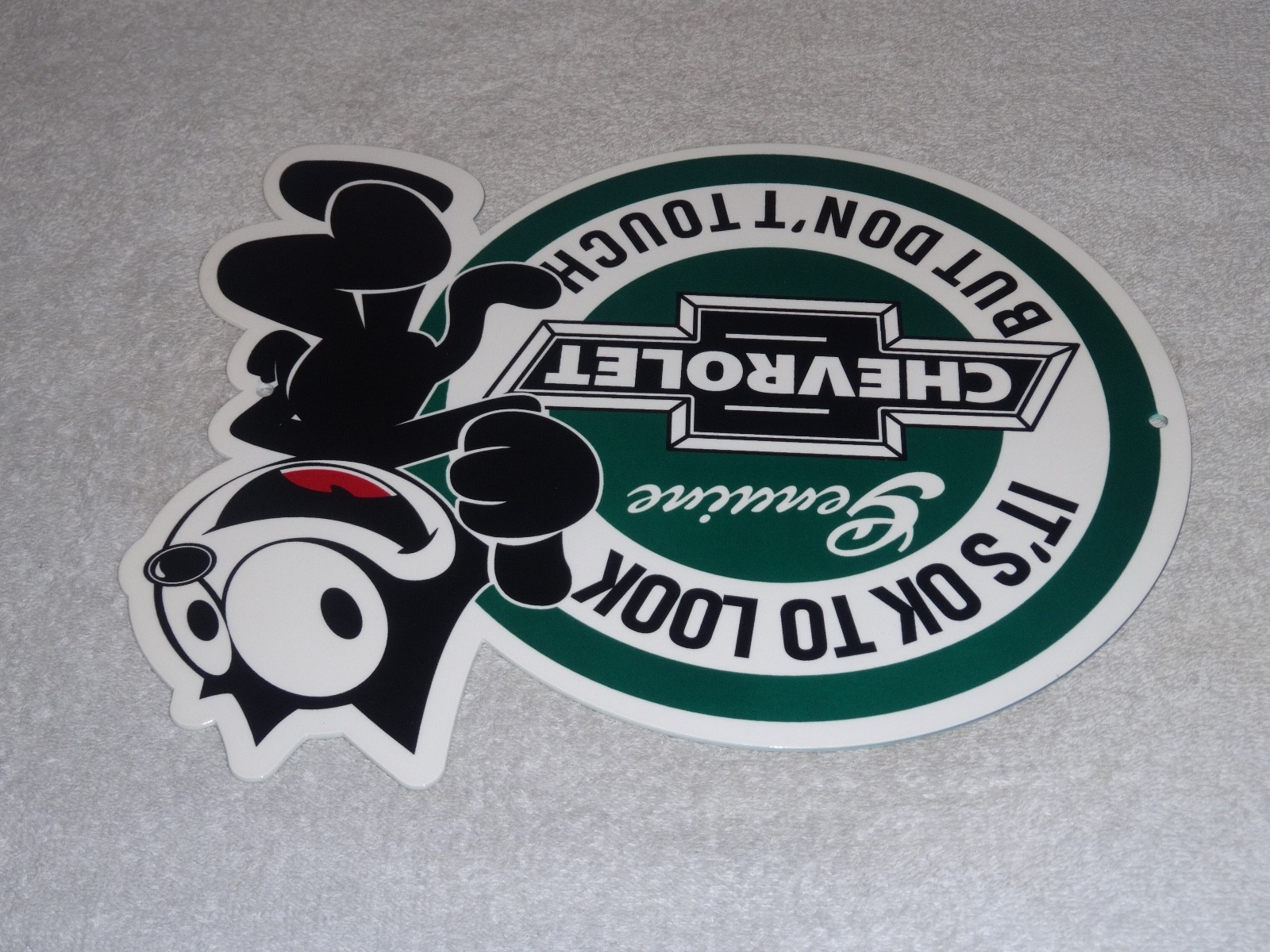 VINTAGE CHEVROLET FELIX THE CAT LOOK DONT TOUCH 12″ CAR TRUCK METAL GAS OIL SIGN