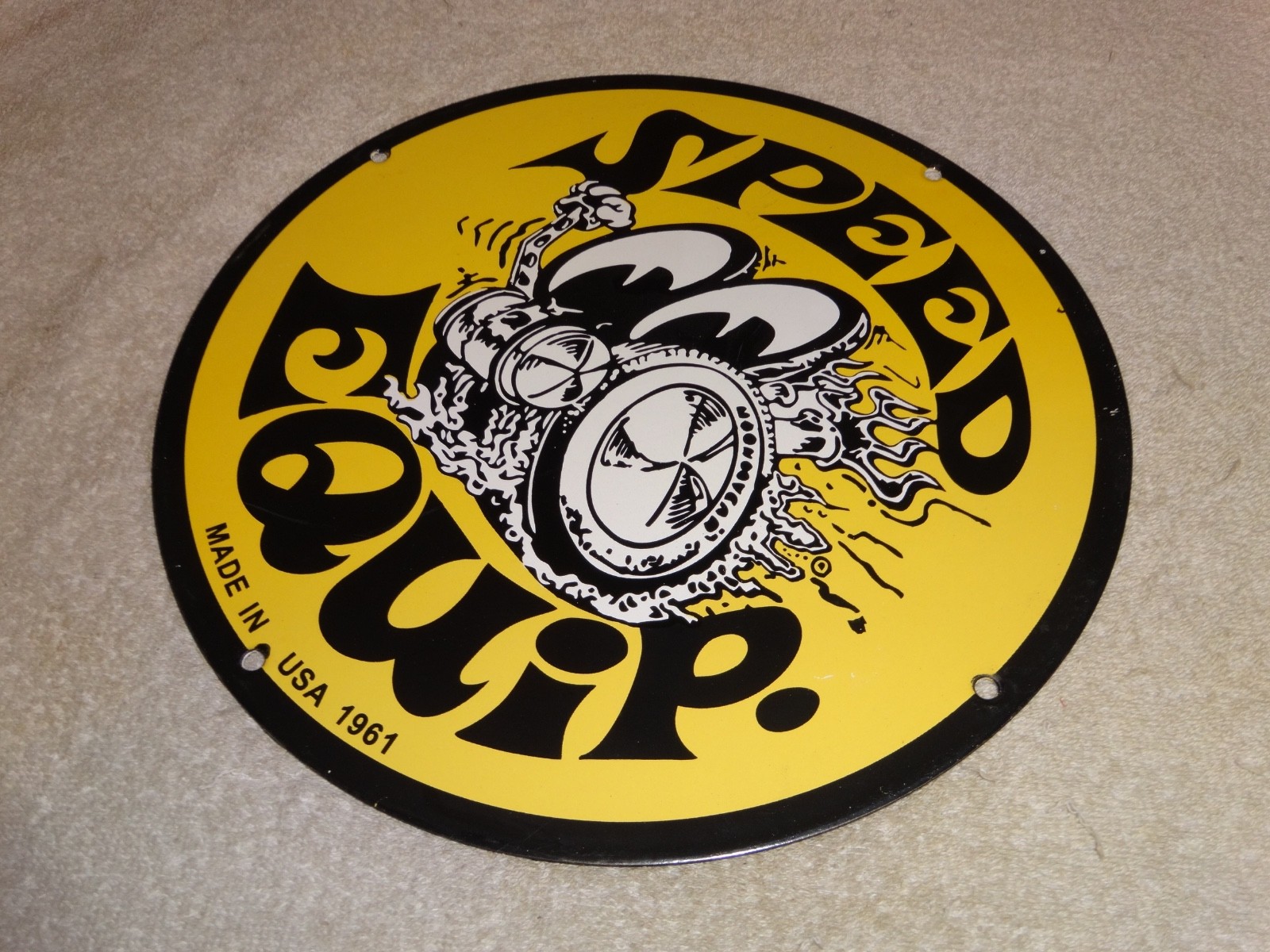 VINTAGE 1961 MOON EYES SPEED EQUIPMENT 11 3/4″ PORCELAIN METAL GASOLINE OIL SIGN