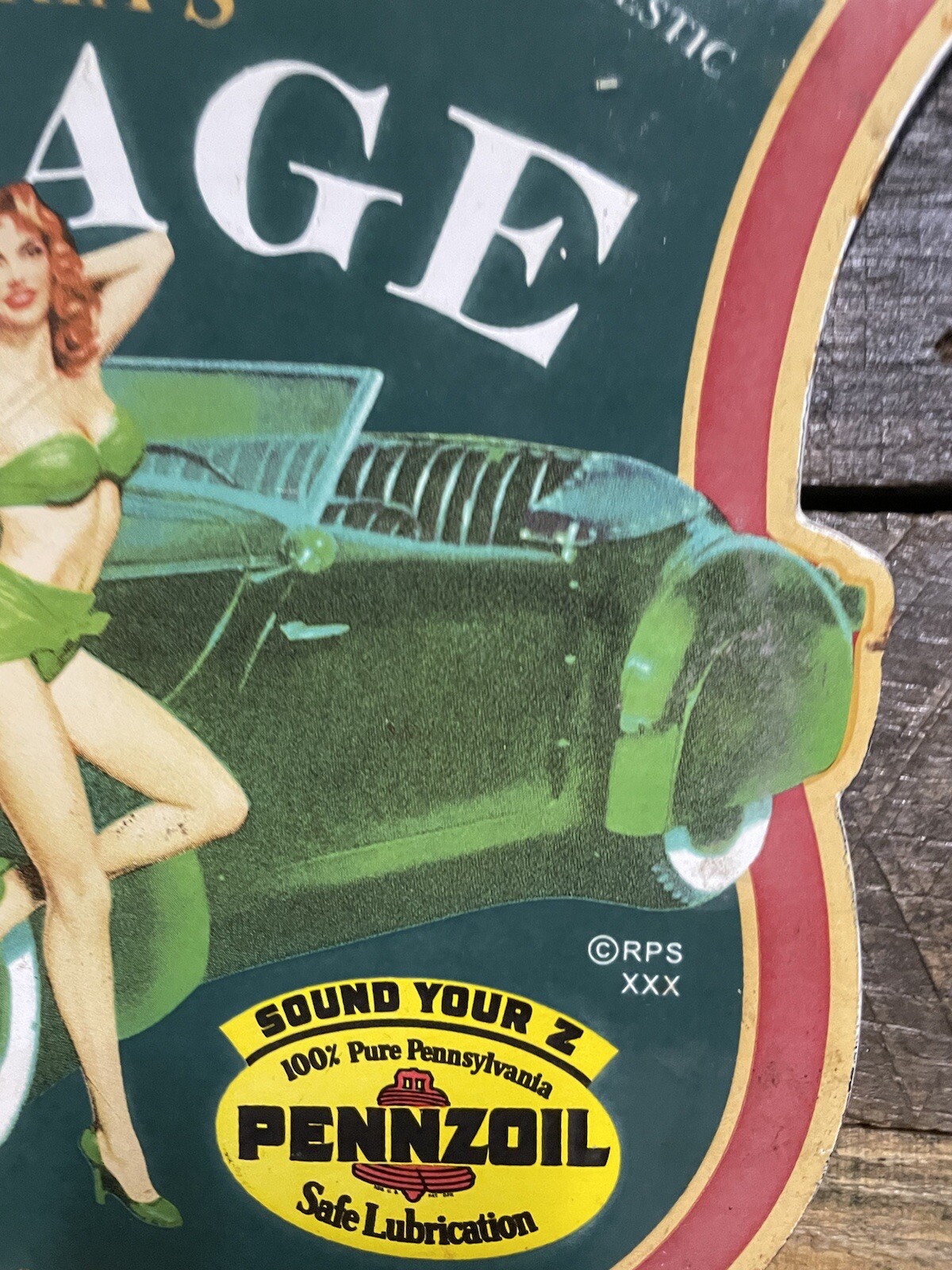 VINTAGE PENNZOIL PORCELAIN SHIELD SIGN VICTORIAS GAS & OIL GARAGE SERVICE WOMAN