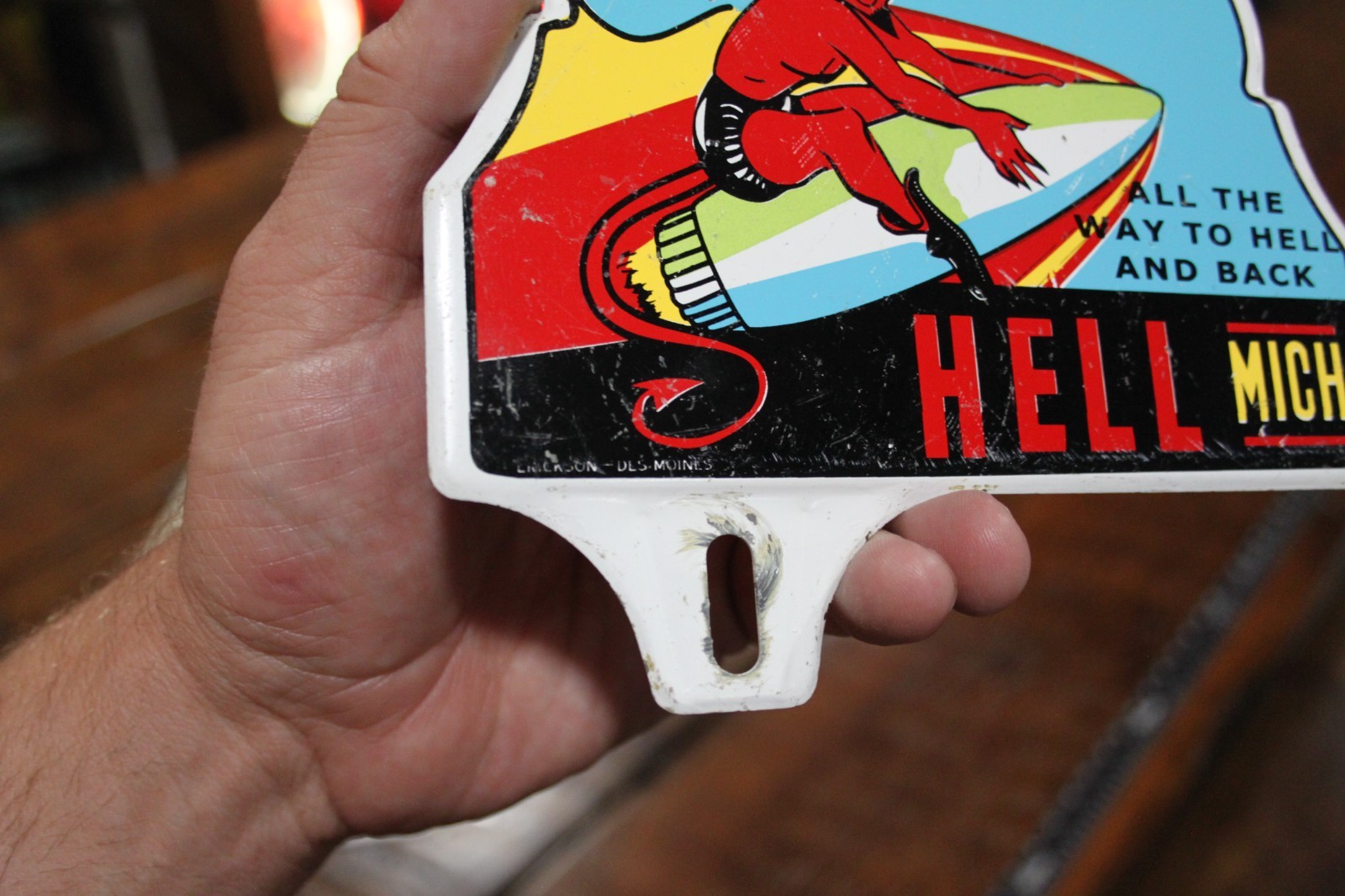 RARE 1950s HELL MICHIGAN SATAN ROCKET STAMPED PAINTED METAL PLATE TOPPER SIGN
