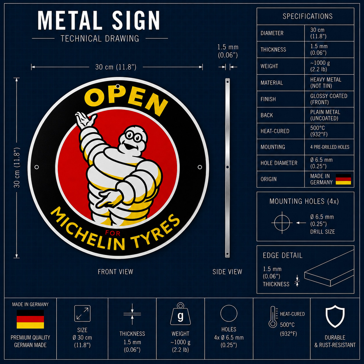 Michelin Bibendum “Open for Michelin Tyres” Heavy Metal Sign – 30 cm (11.8”)