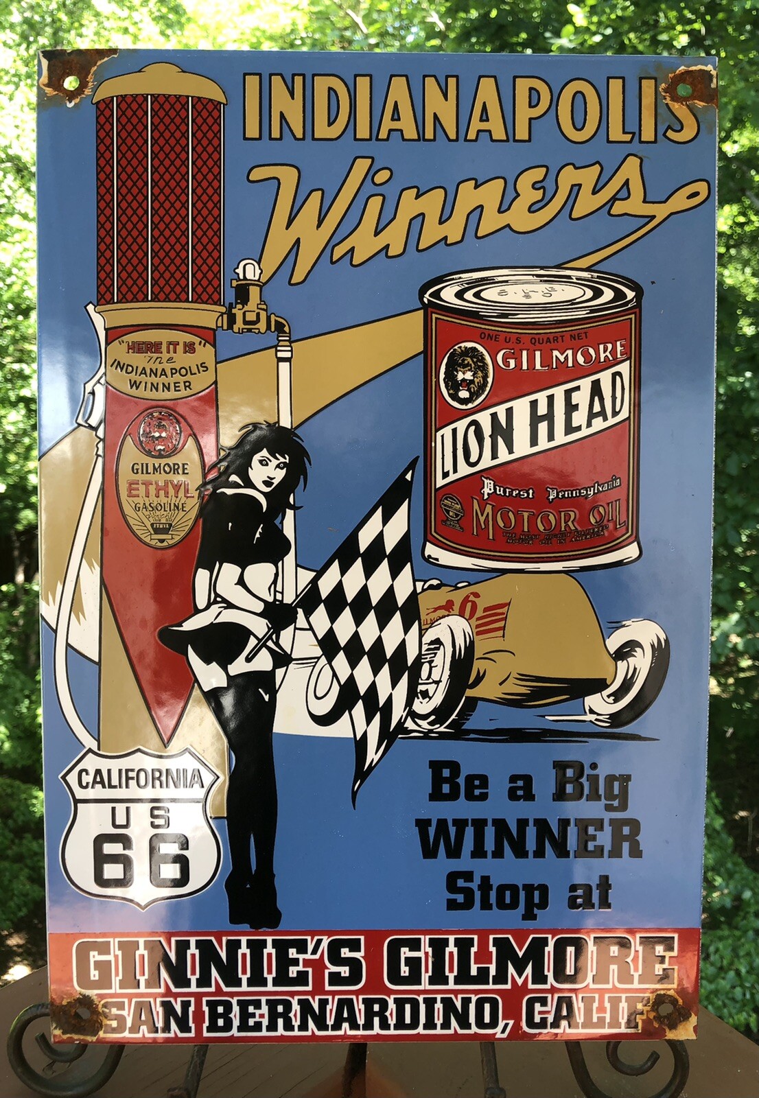 VINTAGE PORCELAIN GINNIE’S GILMORE LION HEAD INDIANAPOLIS WINNER GAS OIL SIGN