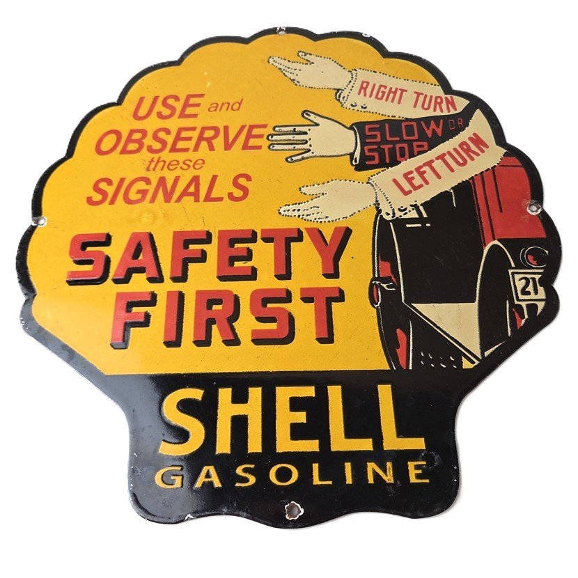 Vintage Shell Gasoline Sign – Safety First Porcelain Gas Pump Plate Sign