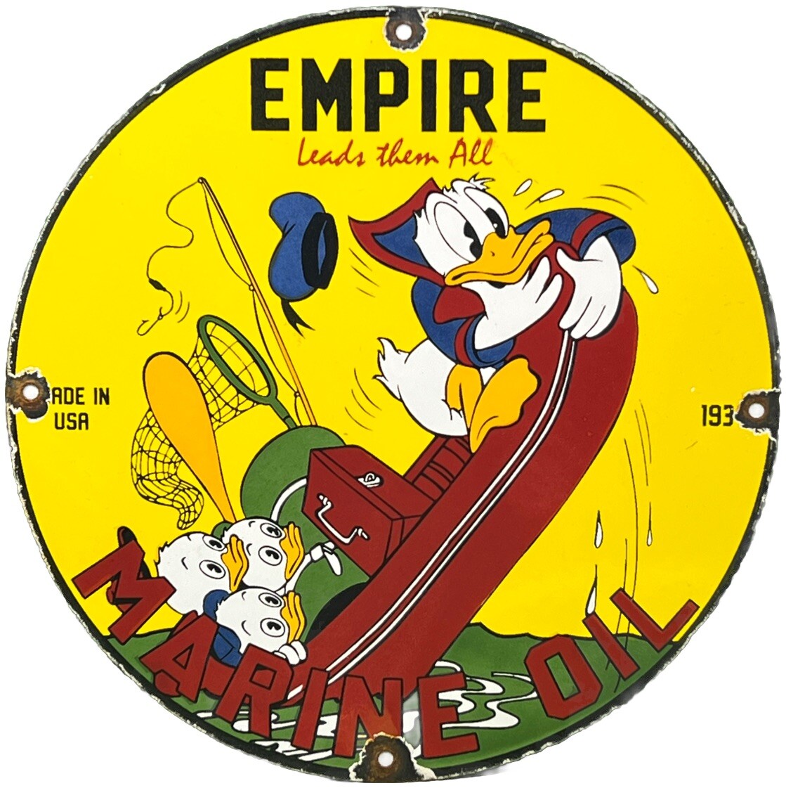VINTAGE EMPIRE MARINE MOTOR OIL PORCELAIN SIGN GAS STATION DISNEY DONALD DUCK