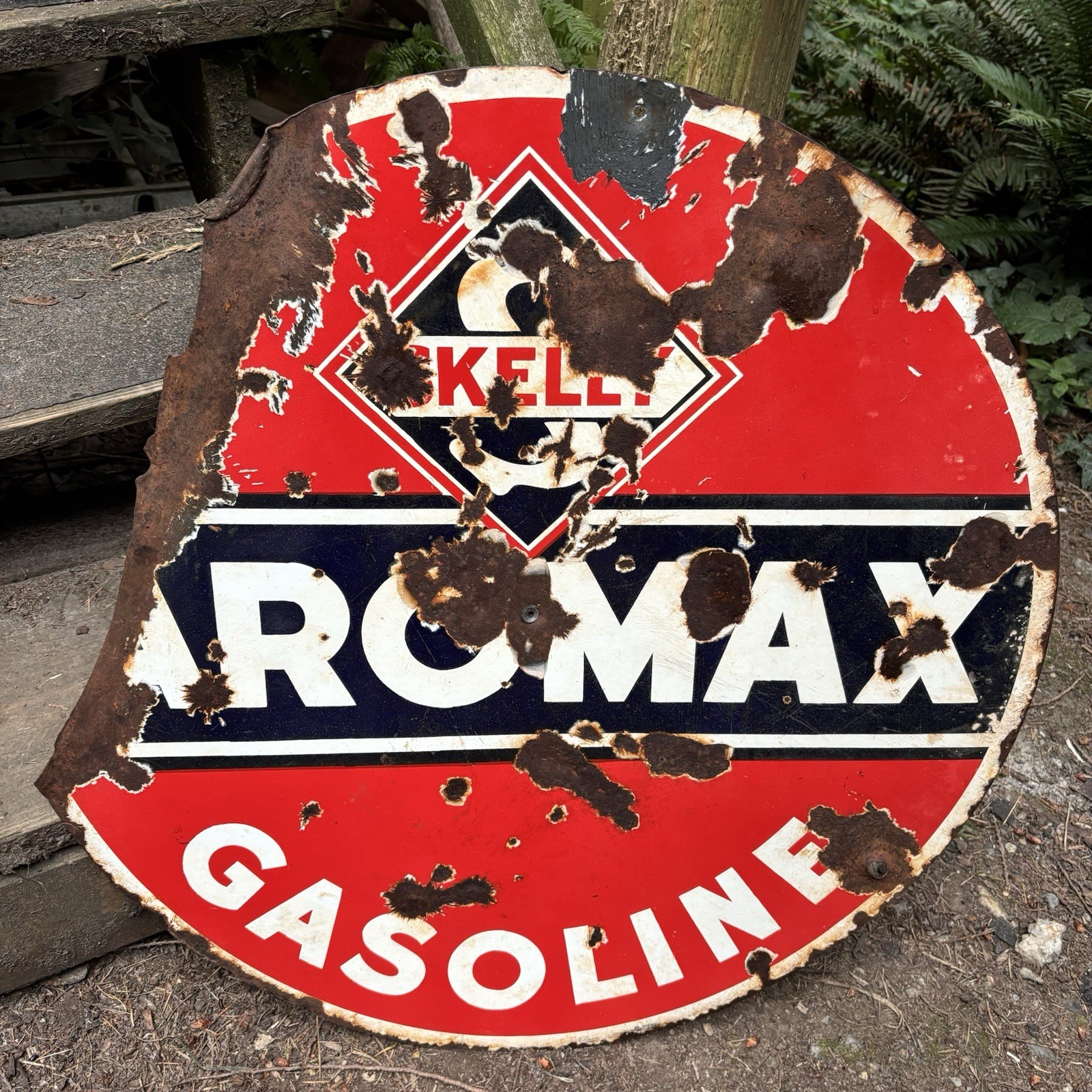1930s Original SKELLY AROMAX GASOLINE 30” DSP Porcelain 2-Sided Aviation Sign