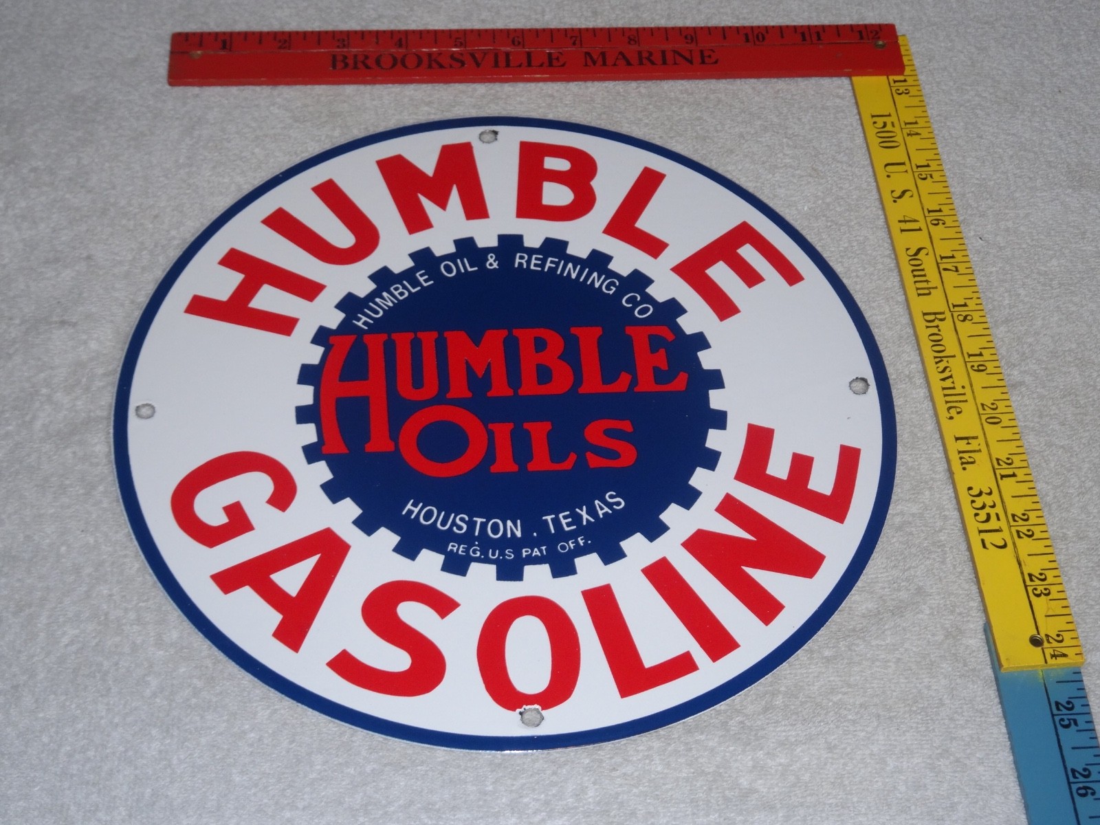 VINTAGE HUMBLE GASOLINE OIL +REFINING 11 3/4″ PORCELAIN METAL HOUSTON TEXAS SIGN