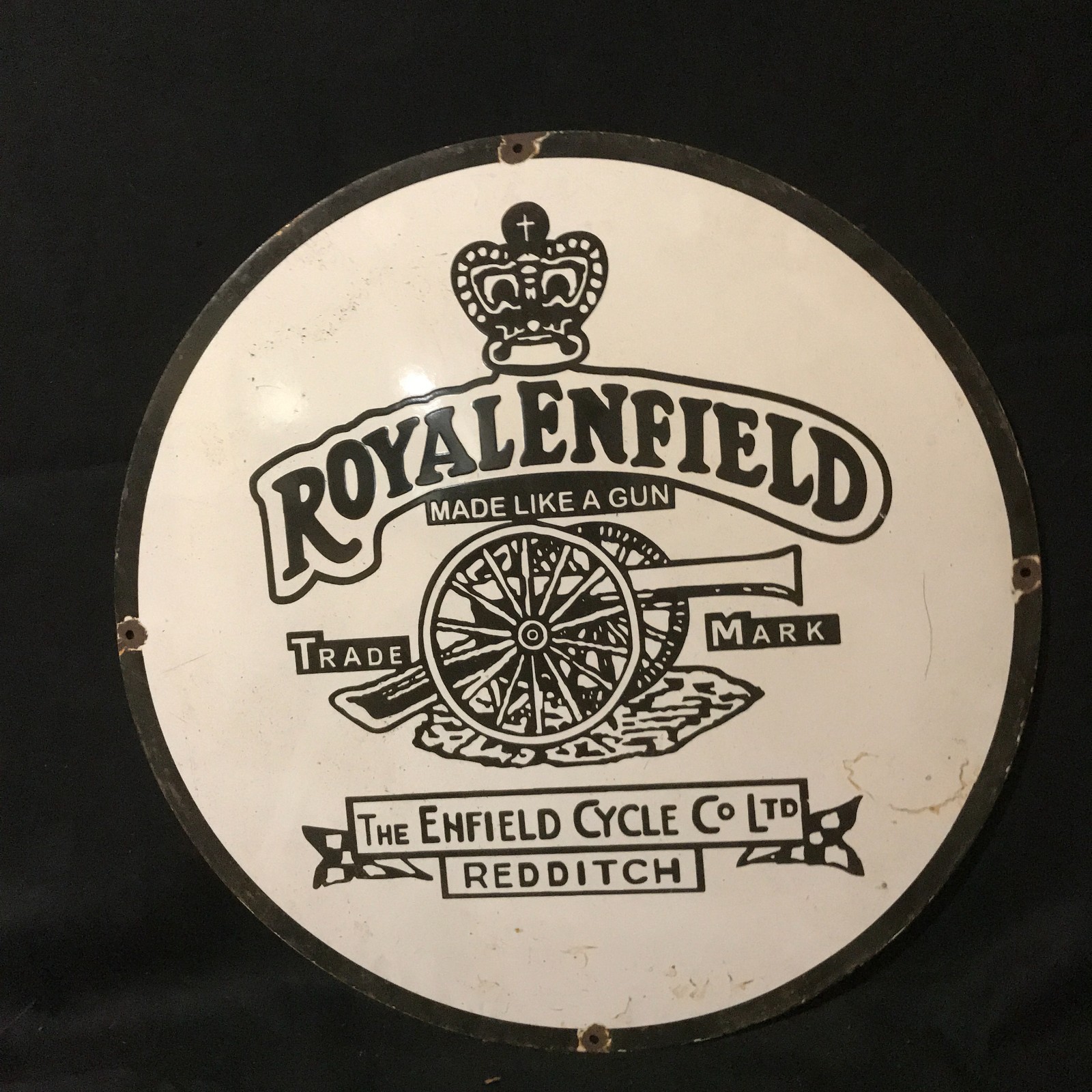 ROYAL ENFIELD REDDITCH ADVERTISING PORCELAIN ENAMEL SIGN 30 IN ROUND SS