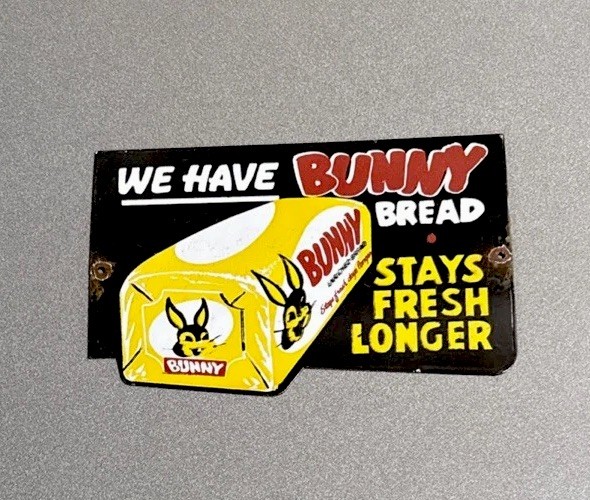VINTAGE 12” BUNNY BREAD STORE PORCELAIN SIGN CAR GAS OIL TRUCK MOTORCYCLE