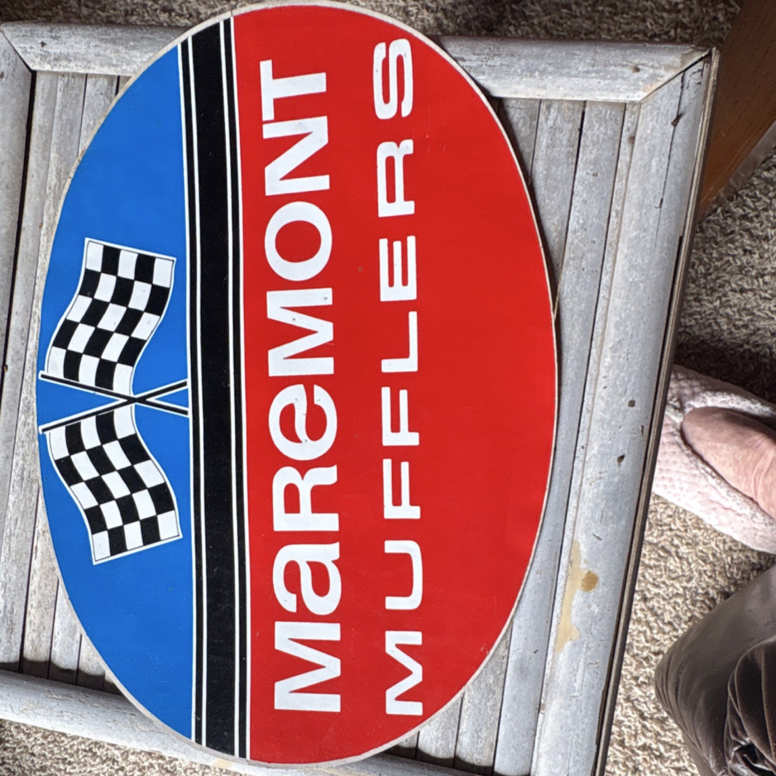 Maremont Mufflers Advertising Sign Oval Red Blue Checkered Flags Gas & Oil Theme