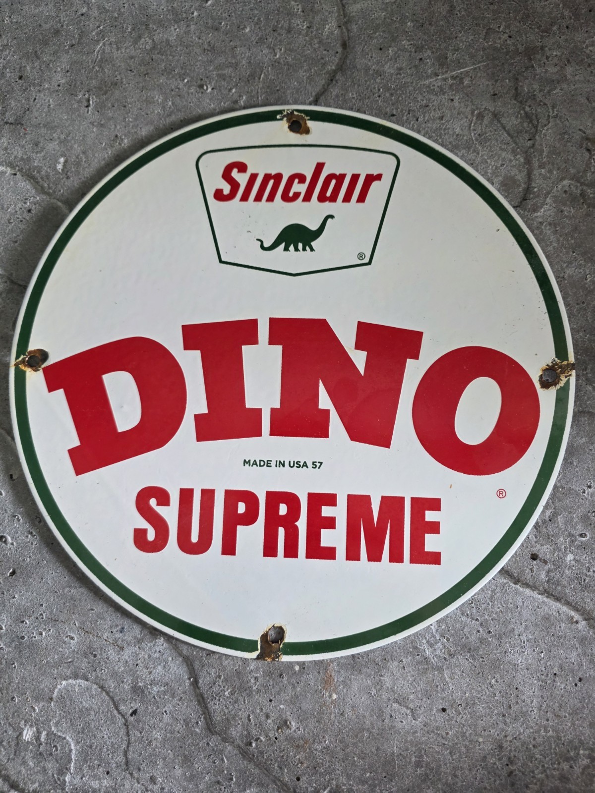 VINTAGE 1957 SINCLAIR DINO SUPREME GAS STATION PORCELAIN SIGN 12″