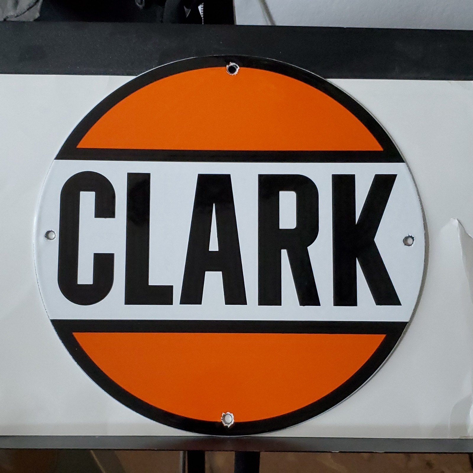 Clark Gas & Oil Advertising Sign Round Metal Orange White Black porcelain.