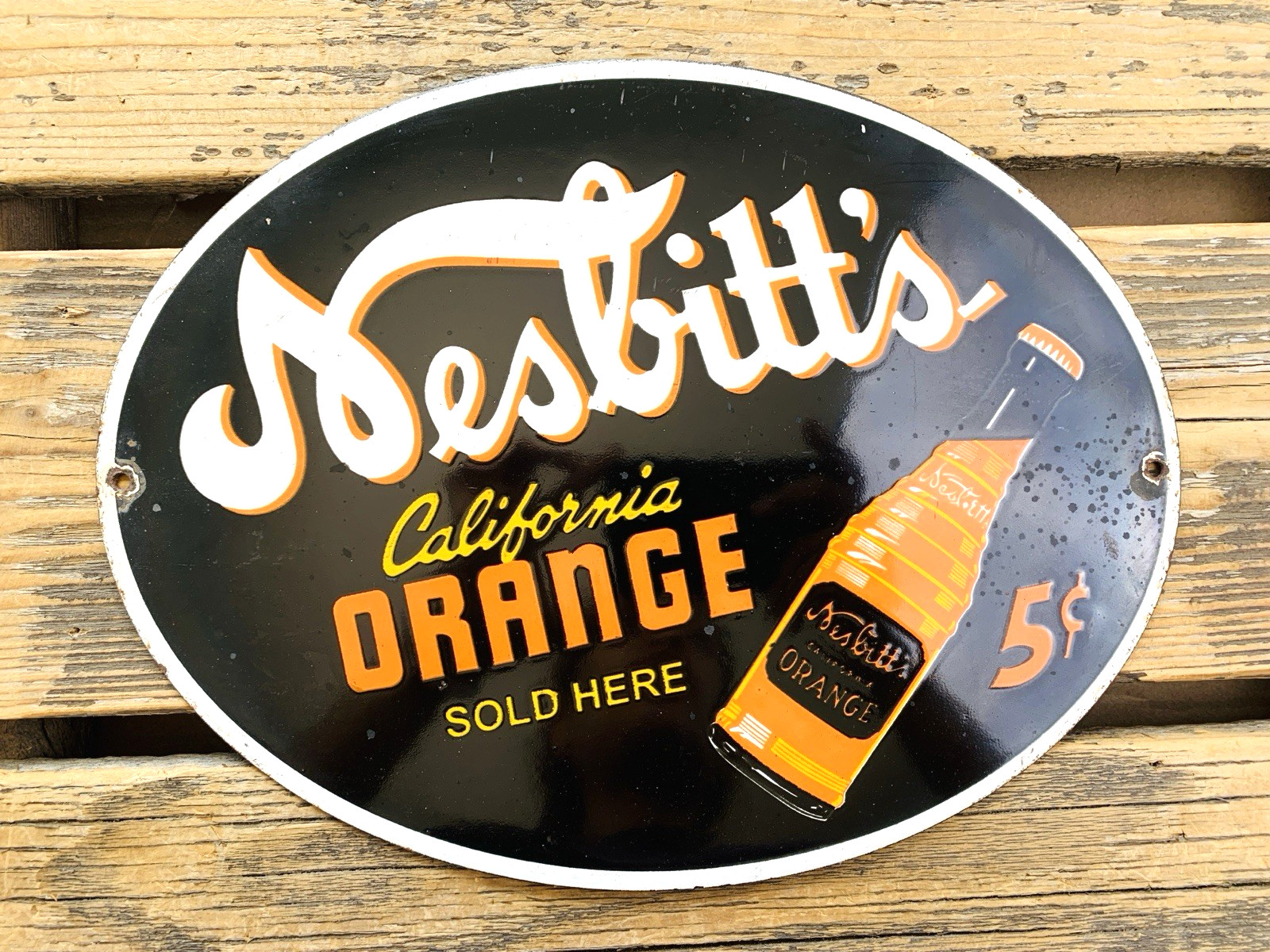 VINTAGE 12×9″ NESBITT’S California ORANGE SODA POP 5c GAS PORCELAIN OIL SIGN