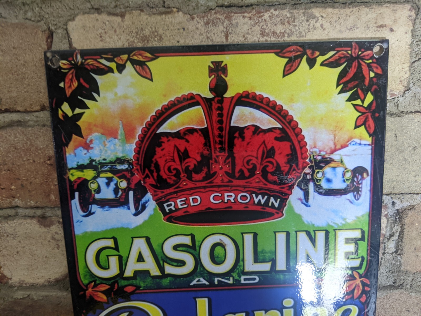 VINTAGE RED CROWN GASOLINE & POLARINE PORCELAIN GAS STATION SIGN 12″ X 8″