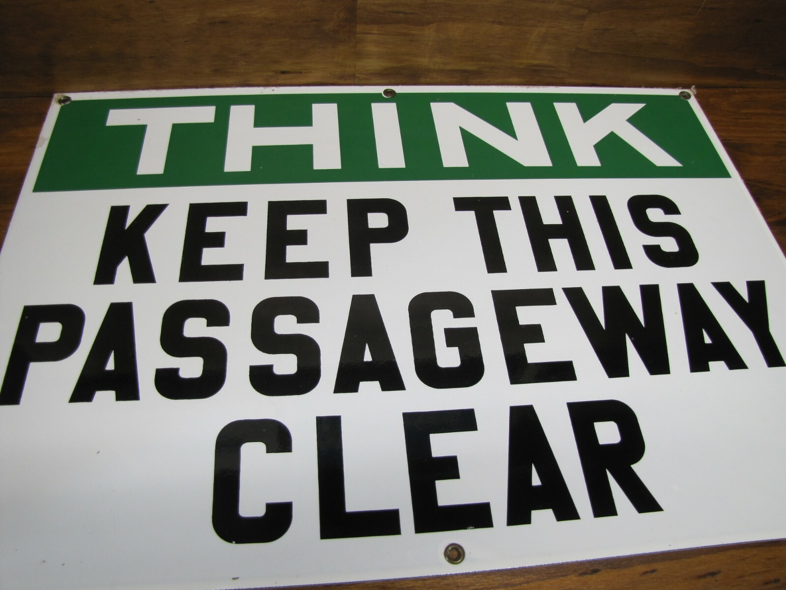 THINK KEEP THIS PASSAGEWAY CLEAR Old Porcelain Industrial Shop RR Ad Sign 14×20