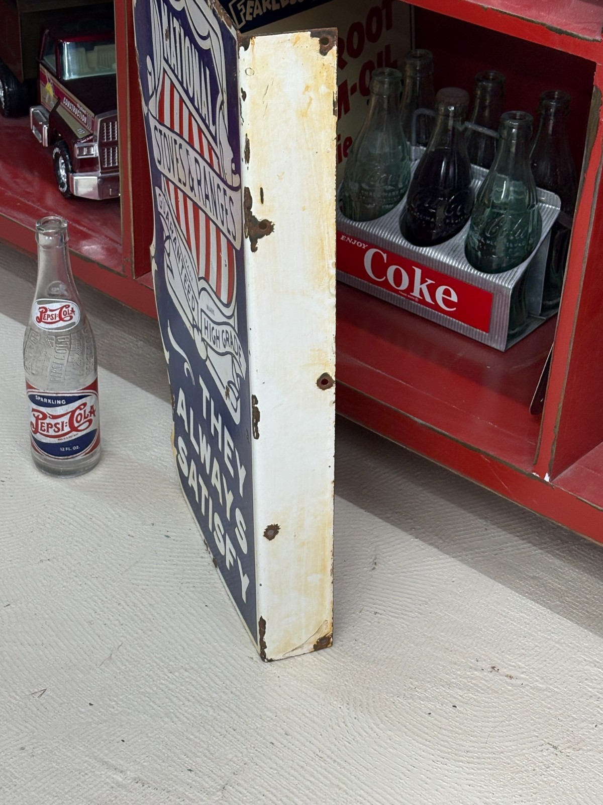 ORIGINAL 1930’s/1940’s (NATIONAL STOVES & RANGES) PORCELAIN FLANGE SIGN, RARE