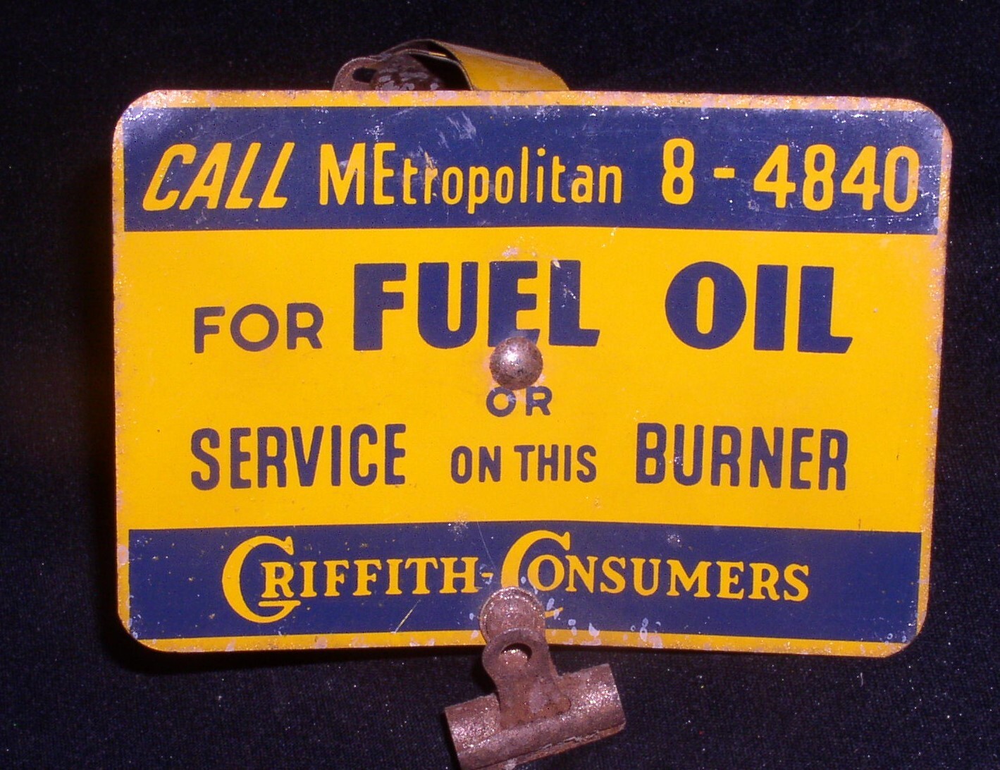 Vintage Griffith Consumers Tin Fuel Oil Service Tag w/5 Digit Phone Number~50s