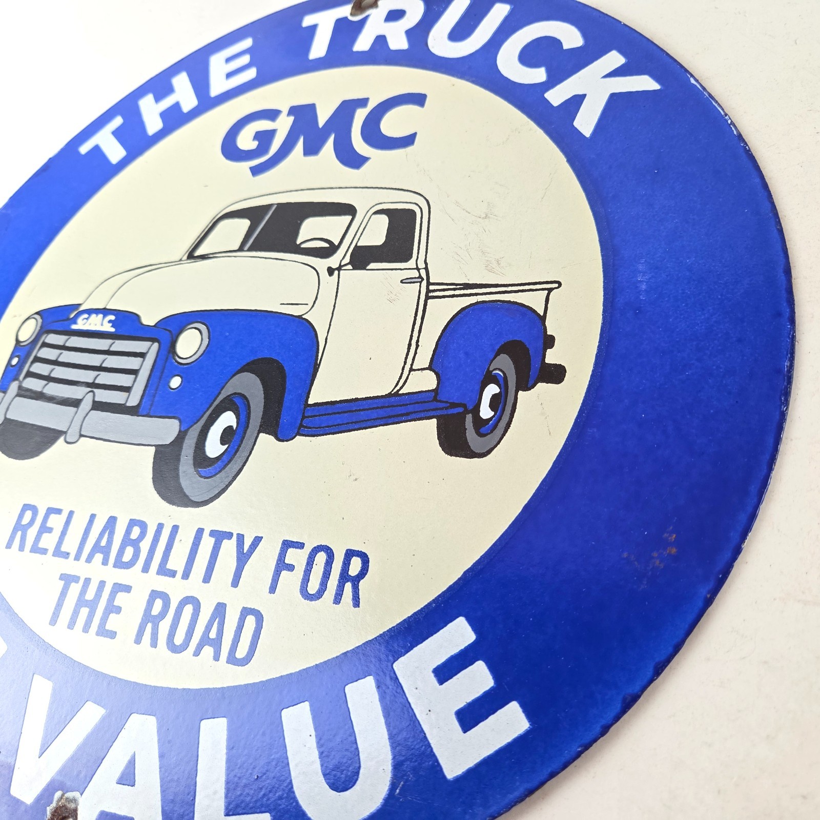 Vintage General Motors Sign – GMC Automobiles Trucks Ad Porcelain Gas Pump Sign