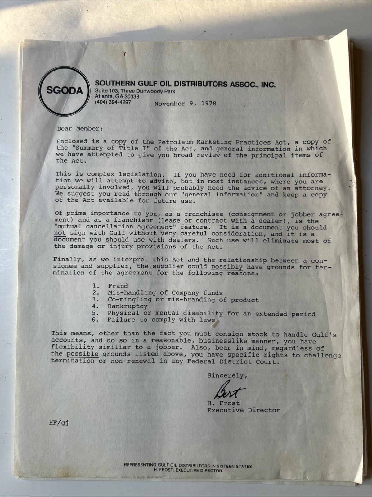 Rare 1978 Gas Station Franchise Termination Notice Letter PMPA Act H Frost Oil