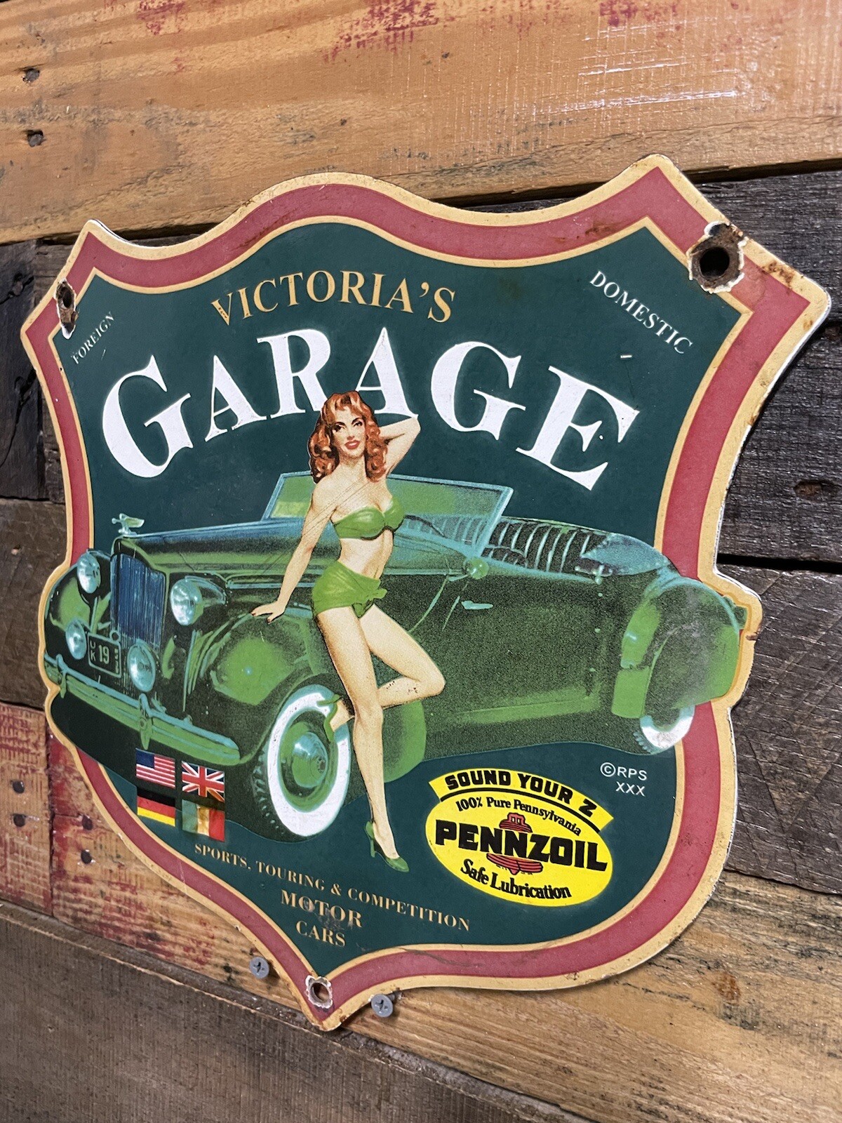 VINTAGE PENNZOIL PORCELAIN SHIELD SIGN VICTORIAS GAS & OIL GARAGE SERVICE WOMAN