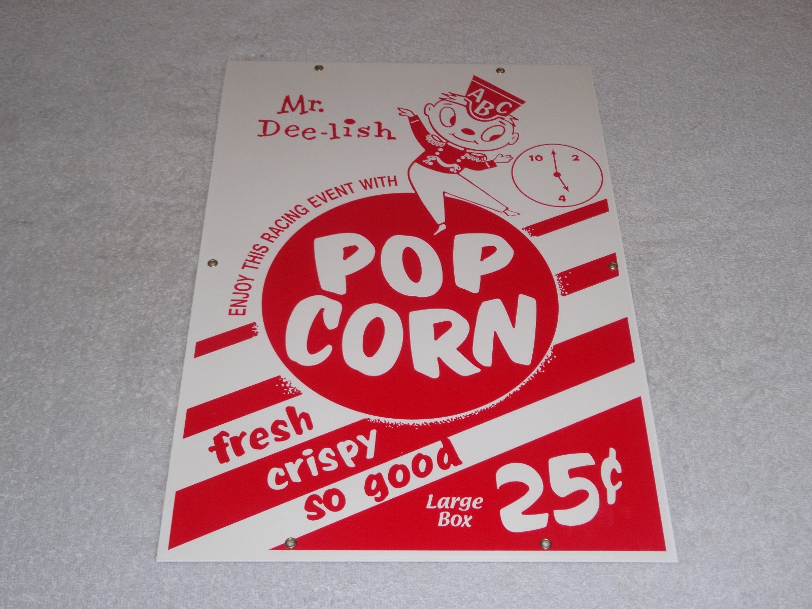 VINTAGE POPCORN 25 CENTS & MR. DEE-LISH 18″ PORCELAIN METAL GASOLINE & OIL SIGN!