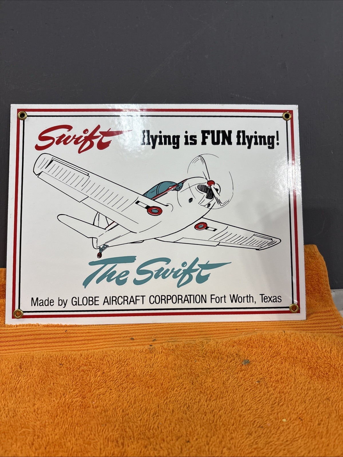 Box 1-#2-NOS VINTAGE 12” x 9” SWIFT AIRCRAFT CO PORCELAIN SIGN GAS /OIL PLANE