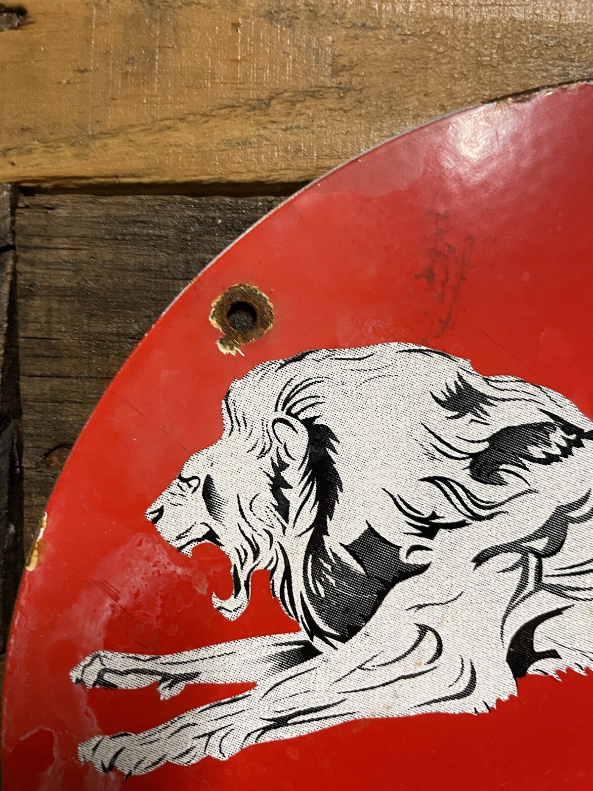 VINTAGE LION PORCELAIN SIGN GAS & OIL REPAIR GARAGE MECHANIC ADVERTISING LUBE