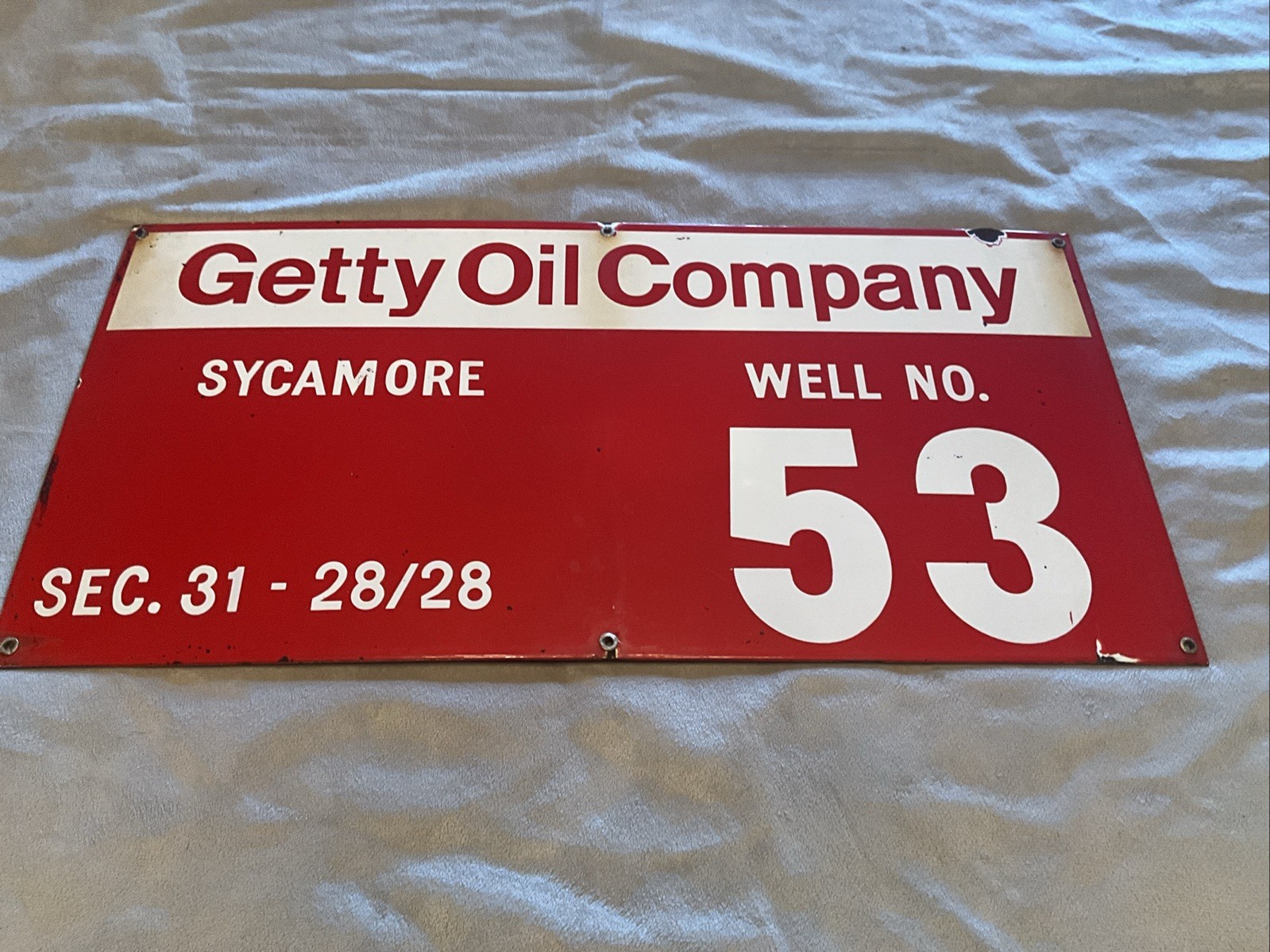 Vintage Porcelain Oil Field Sign-Getty Oil Company “ SYCAMORE” Well No. 53