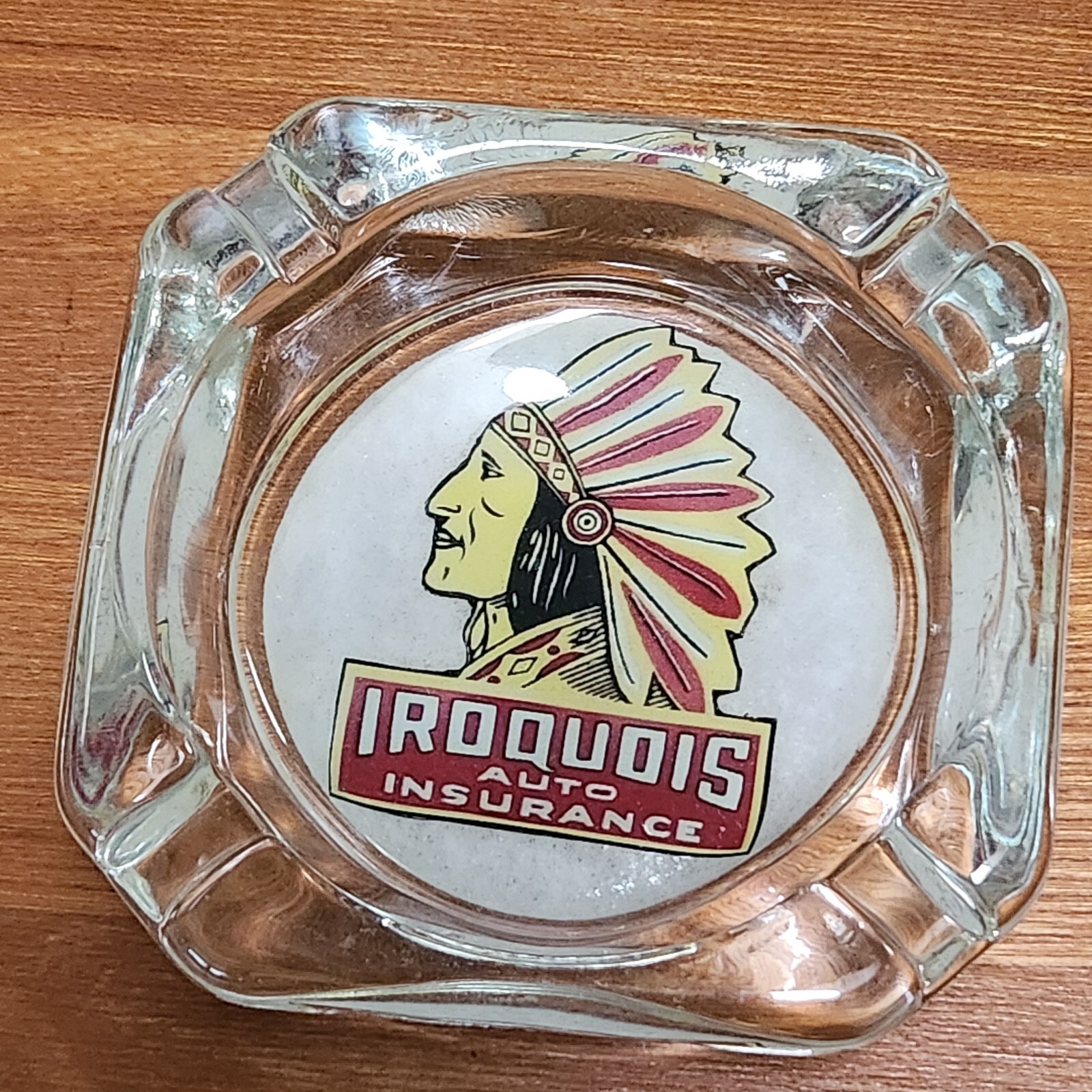 VINTAGE IROQUOIS AUTO INSURANCE ASHTRAY INDIAN CAR GAS OIL TRUCK AGENT COLLECTOR