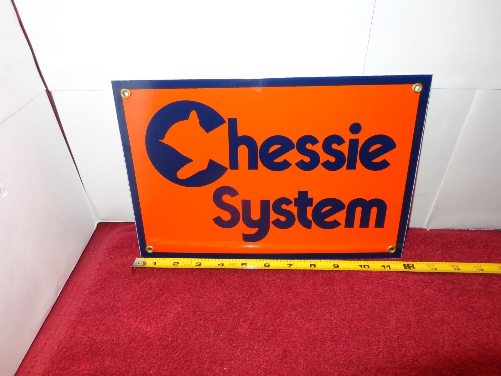 12 x 8 in CHESSIE THE CAT SYSTEM RAIL ROAD ADV. SIGN HEAVY DIE CUT METAL – S 341