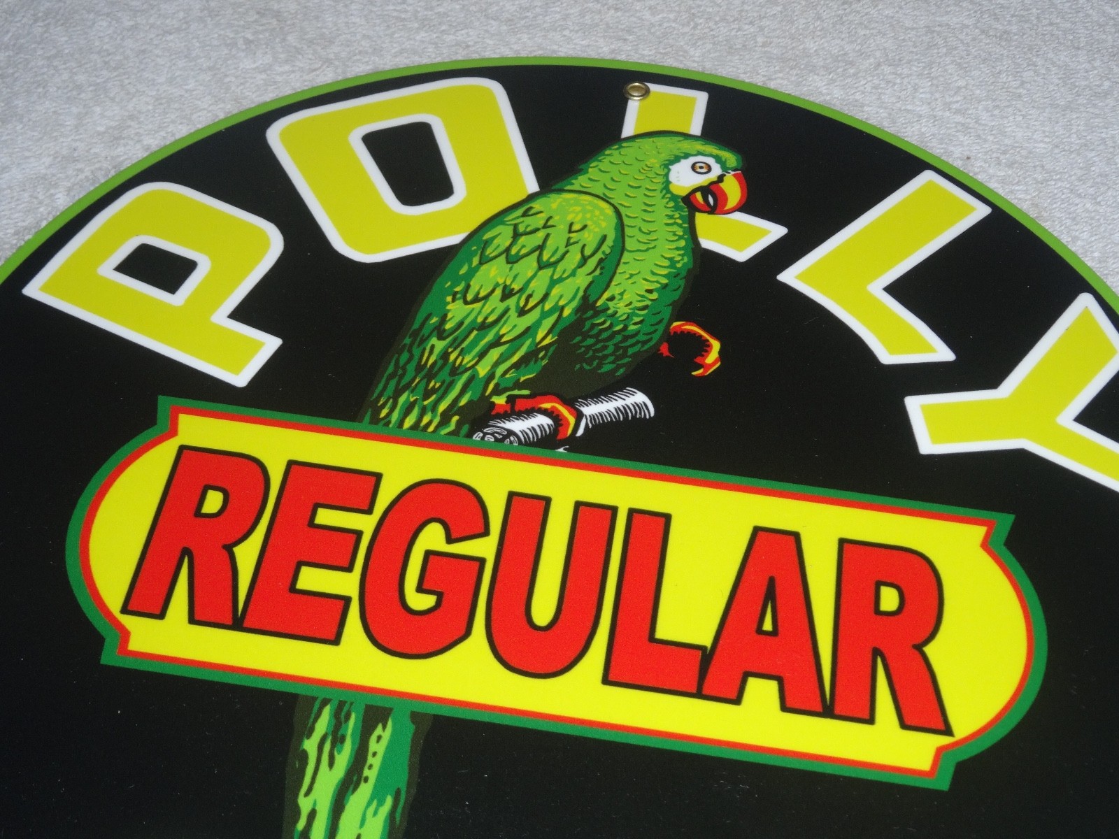 VINTAGE POLLY REGULAR GAS PARROT 🦜 11 3/4″ PORCELAIN METAL GASOLINE & OIL SIGN
