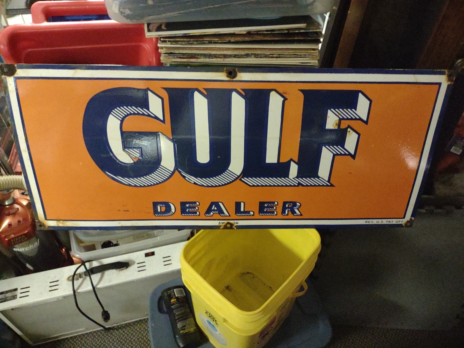 LARGE VINTAGE GULF MOTOR OIL PORCELAIN GAS OIL SERVICE STATION DEALER SIGN 3FT