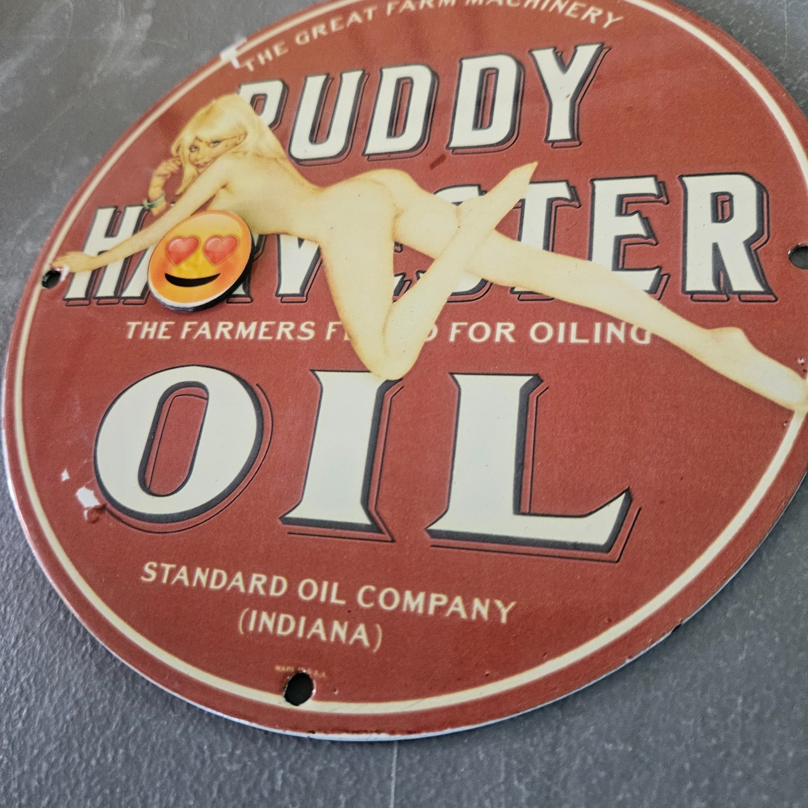 VINTAGE PORCELAIN PIN UP GAS & OIL STATION PUMP PLATE GARAGE MAN CAVE SIGN