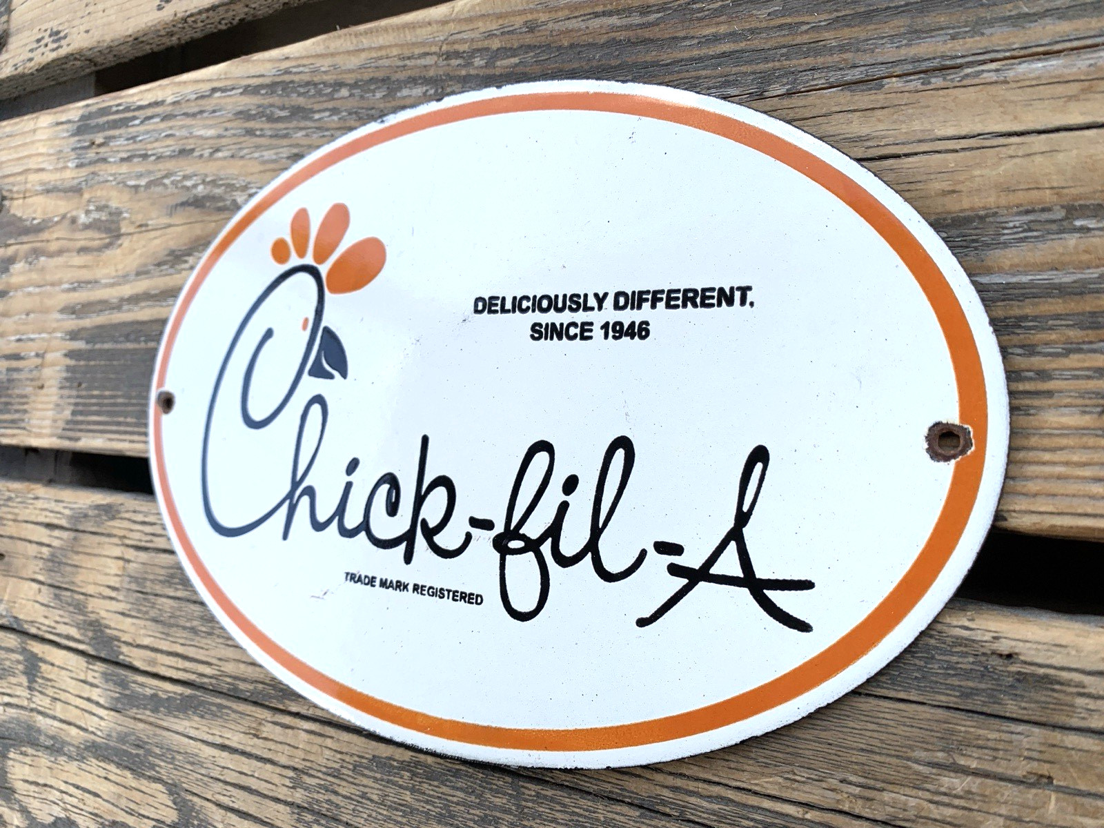 VINTAGE CHICK-FIL-A 10×6.5″ FAST FOOD SODA POP GASOLINE PORCELAIN MOTOR OIL SIGN