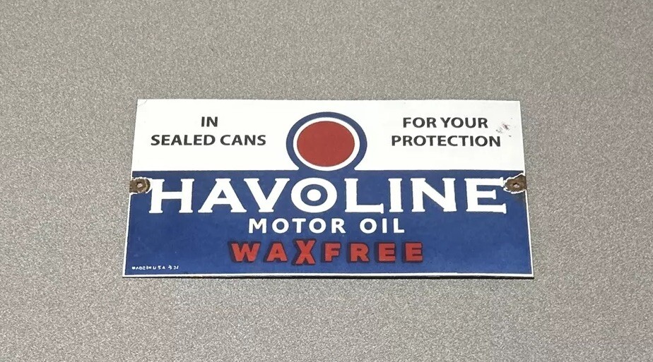 VINTAGE 12” 1930’S HAVOLINE MOTOR OIL PORCELAIN SIGN CAR GAS AUTO