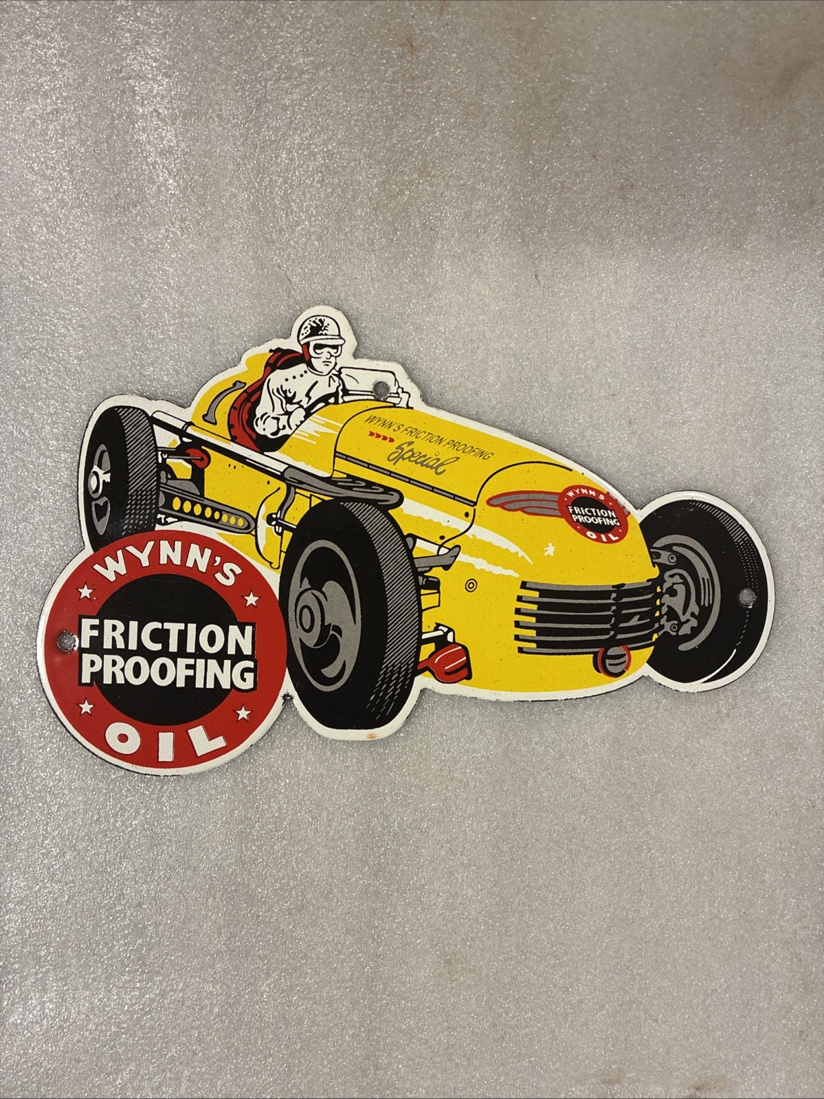 Vintage Wynn’s Oil Porcelain Sign Racing Oil Friction Proofing Race Car Gas