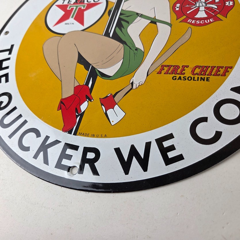 Vintage Texaco Gasoline Sign – Fire Pole Fire Chief Gas Pump Ad Porcelain Sign