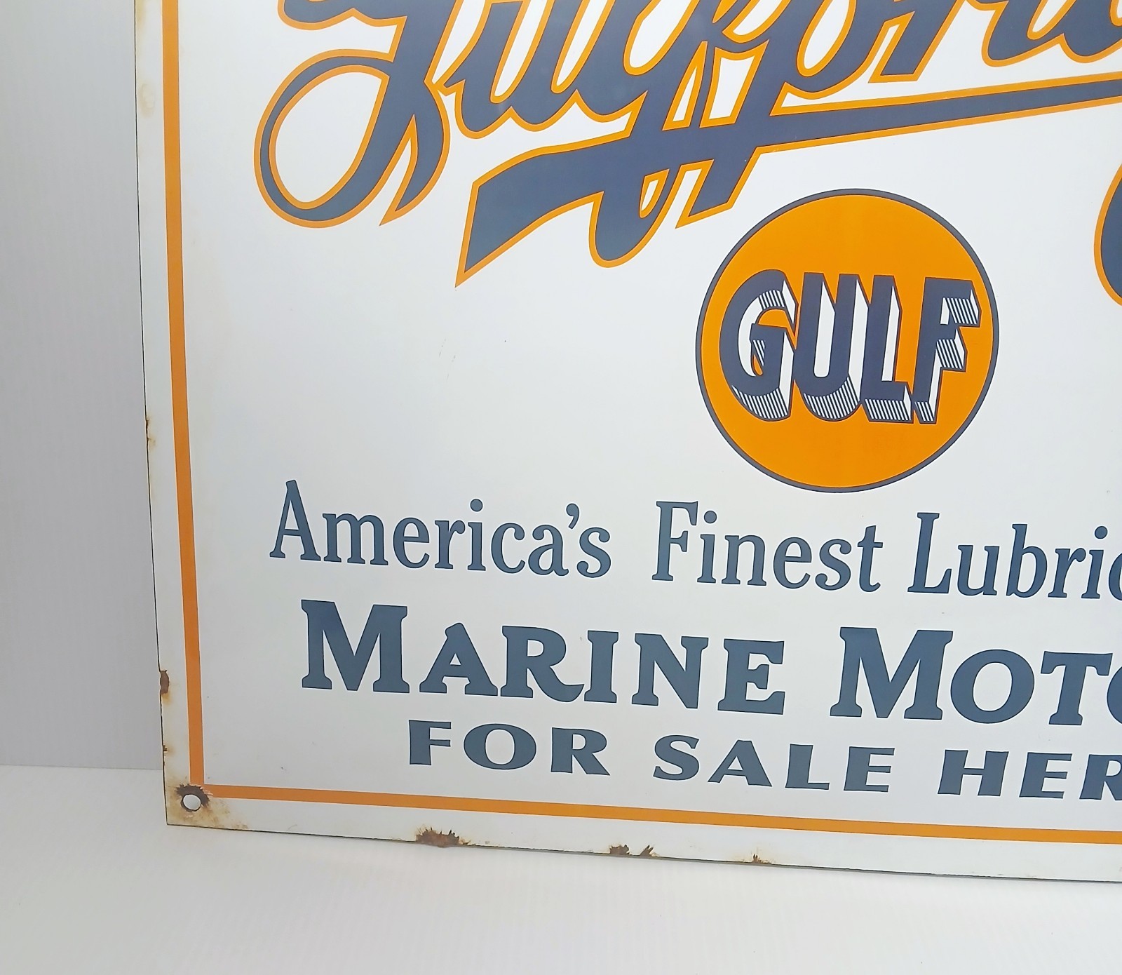 VINTAGE GULF PORCELAIN SIGN GULFPRIDE GASOLINE MARINE BOAT MOTOR OIL SERVICE