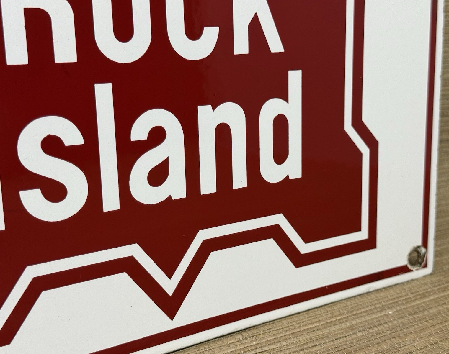 VINTAGE ROCK ISLAND RAILWAY PORCELAIN SIGN GAS OIL TRAIN STATION PUMP PLATE