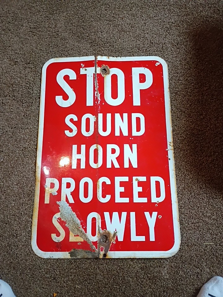 Vertical STOP Sound Horn Proceed Slowly Vintage Porcelain Sign Original Gas Oil