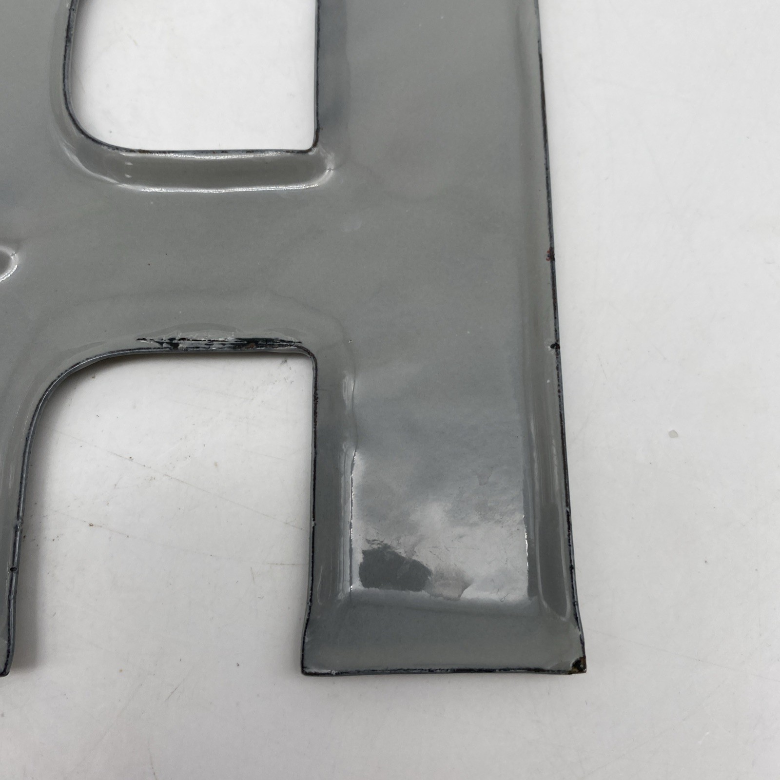 Vintage gray Porcelain Letter “R” Metal enamel 5.75” 5 3/4” grey