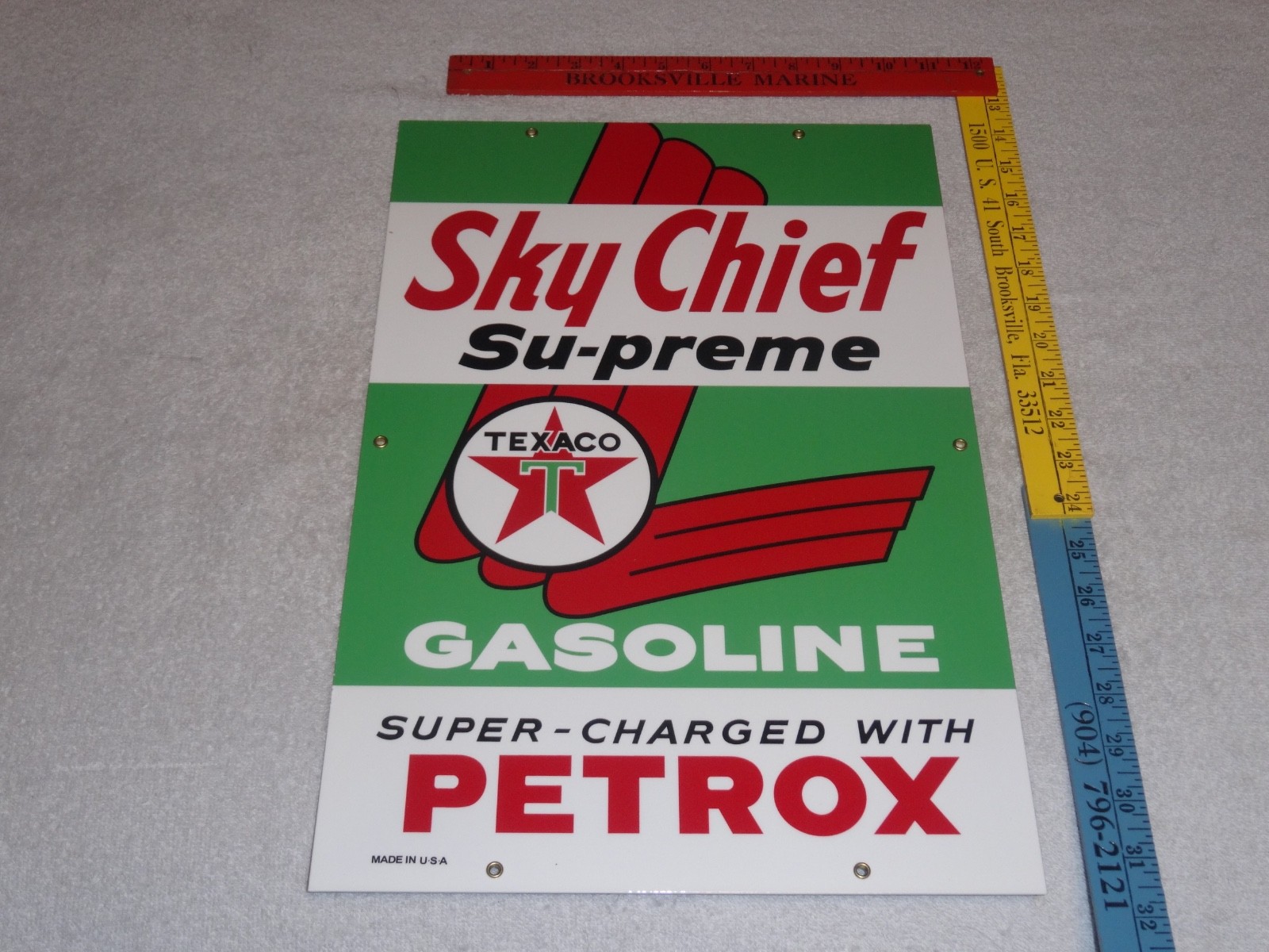 VINTAGE TEXACO SKY CHIEF SUPREME GASOLINE W/ PETROX 18″ PORCELAIN METAL OIL SIGN