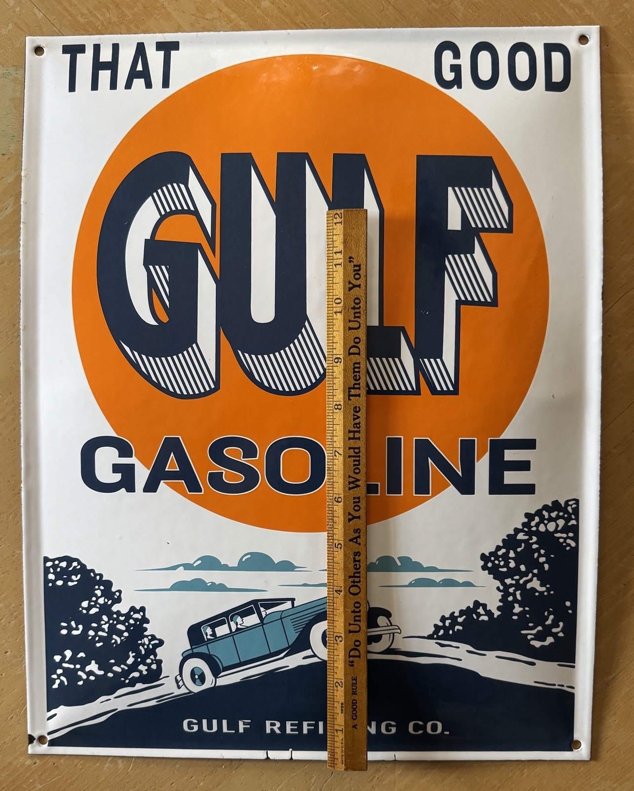 THAT GOOD GULF GASOLINE Porcelain Gas Station Domed Sign 13″ x 16″ 2+lbs GAS OIL