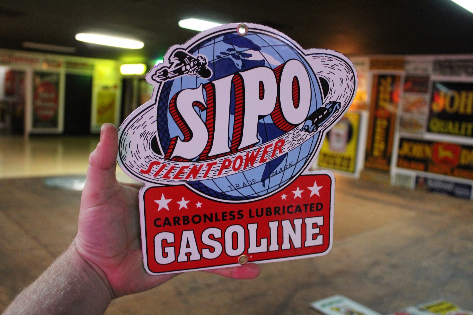 SIPO GASOLINE DEALER PORCELAIN METAL SIGN GAS OIL FORD PLANE CHEVY MARINE GLOBE